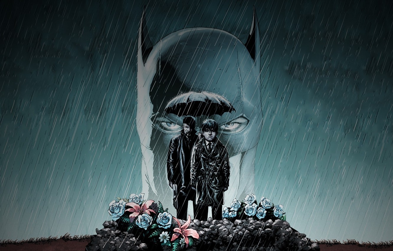 1340x850 Wallpaper fantasy, Batman, rain, umbrella, art, flowers, man, boy, mood, sadness, comics, grave, roses, artwork, mask, superhero image for desktop, section фантастика, Desktop