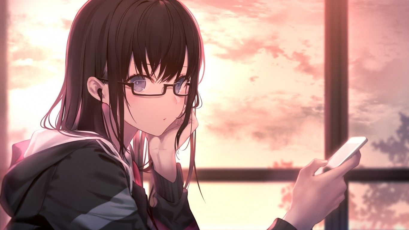 1370x770 Download  Anime Girl, Meganekko, Brown Hair, Sunset, Desktop