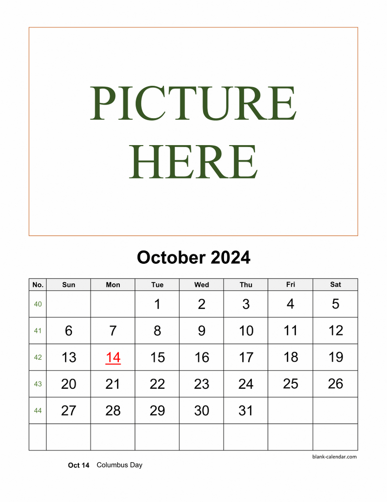 800x1030 Free Download Printable October 2024 Calendar, picture can be placed, Phone