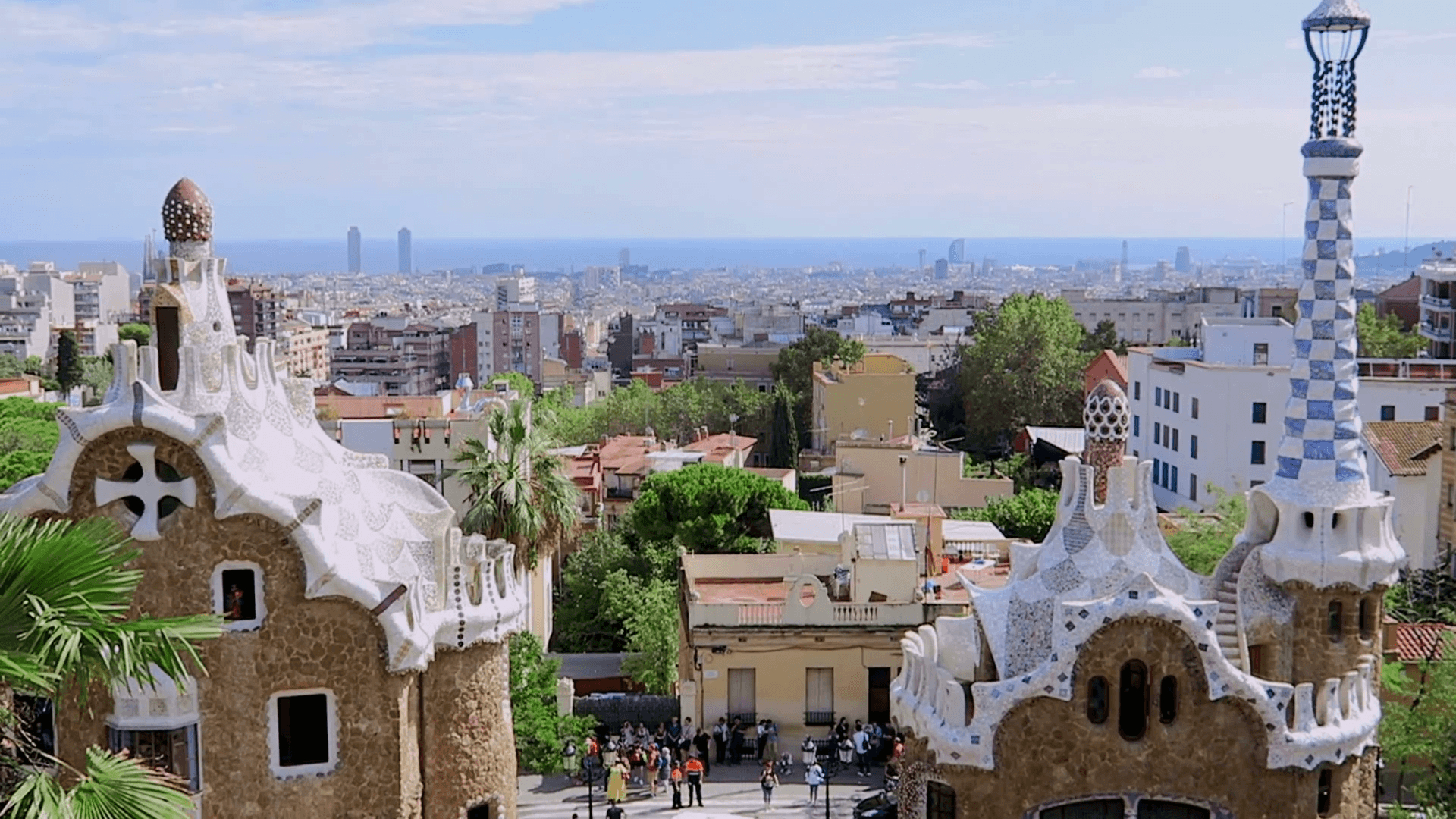 1920x1080 Barcelona, Spain Park Guell entrance tourists. View of Barcelona, Desktop