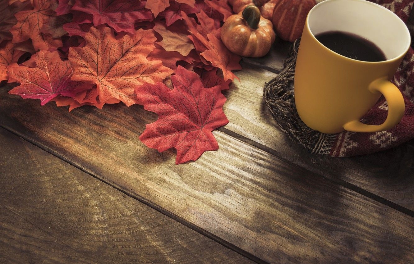 1340x850 Wallpaper autumn, leaves, background, tree, coffee, colorful, scarf, Cup, Board, wood, background, autumn, leaves, cup, coffee, autumn image for desktop, section настроения, Desktop