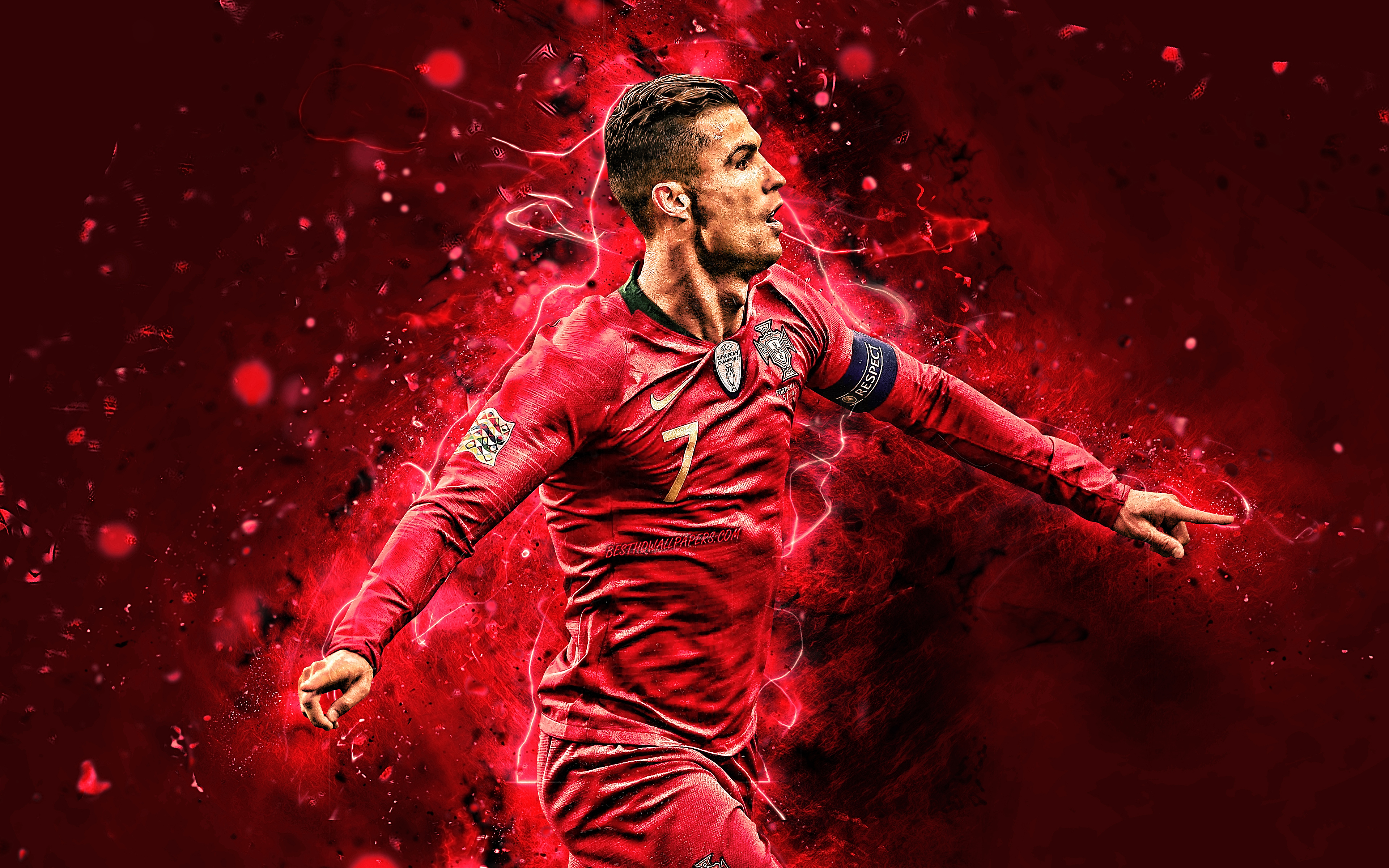 3840x2400 Download wallpaper 4k, Cristiano Ronaldo, goal, Portugal National Team, soccer, CR joy, neon lights, joyful Cristiano Ronaldo, Portuguese football team for desktop with resolution. High Quality HD picture wallpaper, Desktop