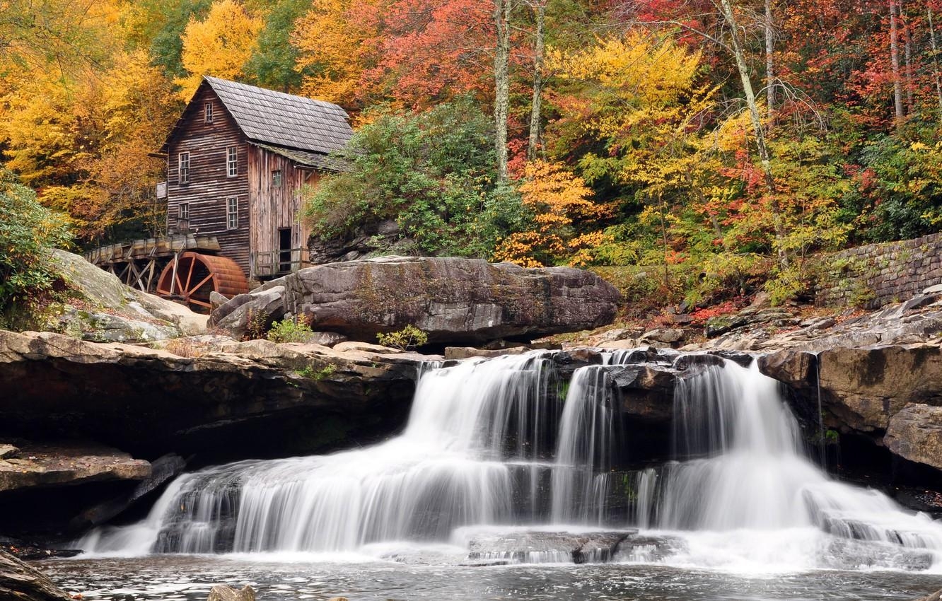 1340x850 Wallpaper autumn, forest, waterfall, mill, Babcock State Park, West, Desktop