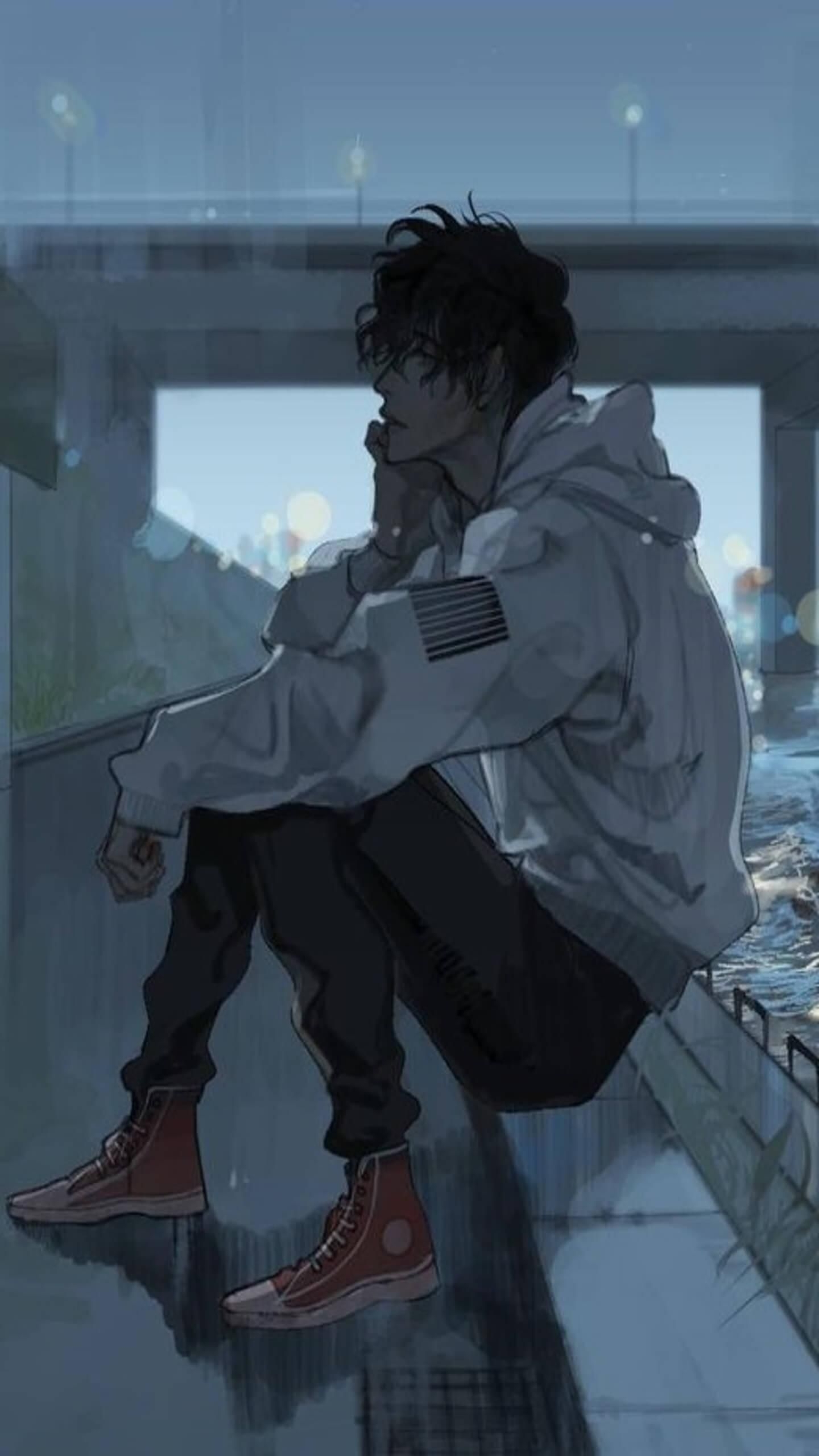1440x2560 Sad Winter Anime Boy, Phone