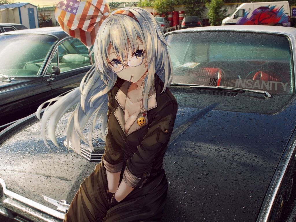 1030x770 Desktop Wallpaper Sitting On Car, Anime Girl, White Hair, HD Image, Desktop