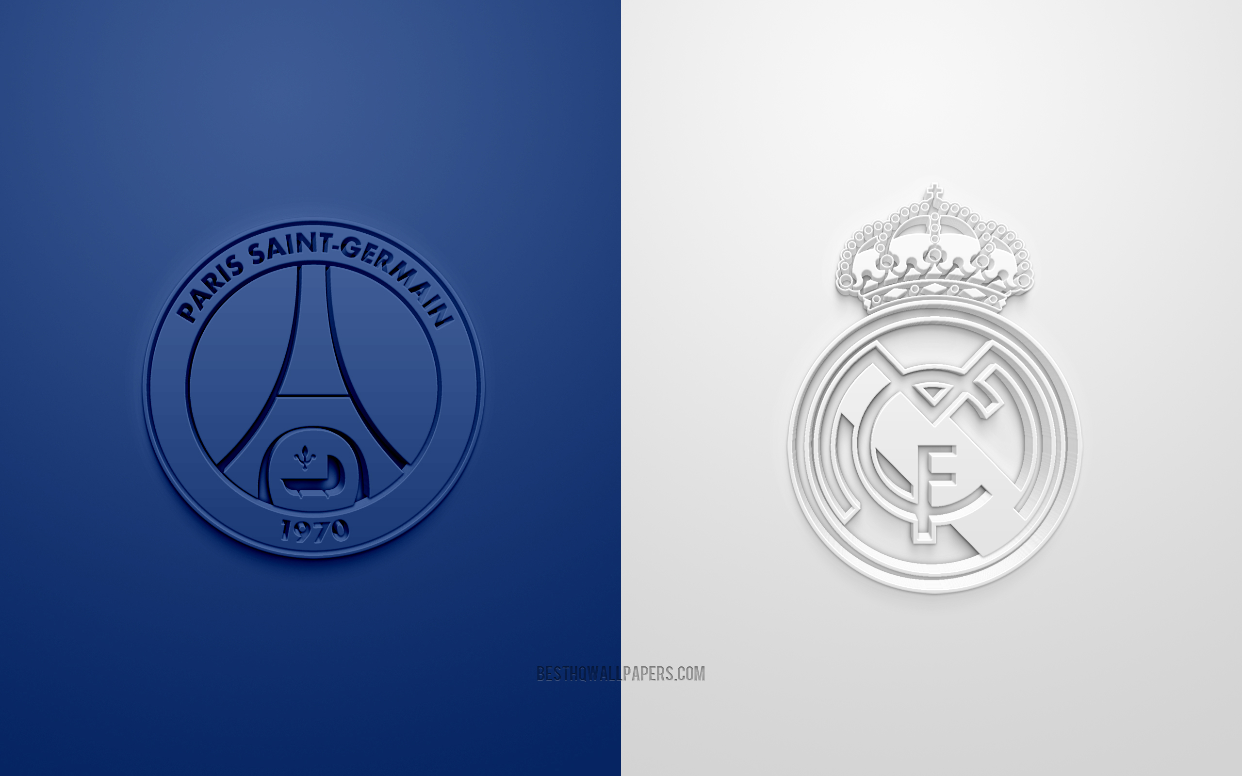 2560x1600 Download Wallpaper PSG Vs Real Madrid, UEFA Champions League, Eighth Finals, 3D Logos, White Blue Background, Champions League, Football Match, 2022 Champions League, PSG, Real Madrid For Desktop With Resolution. High, Desktop