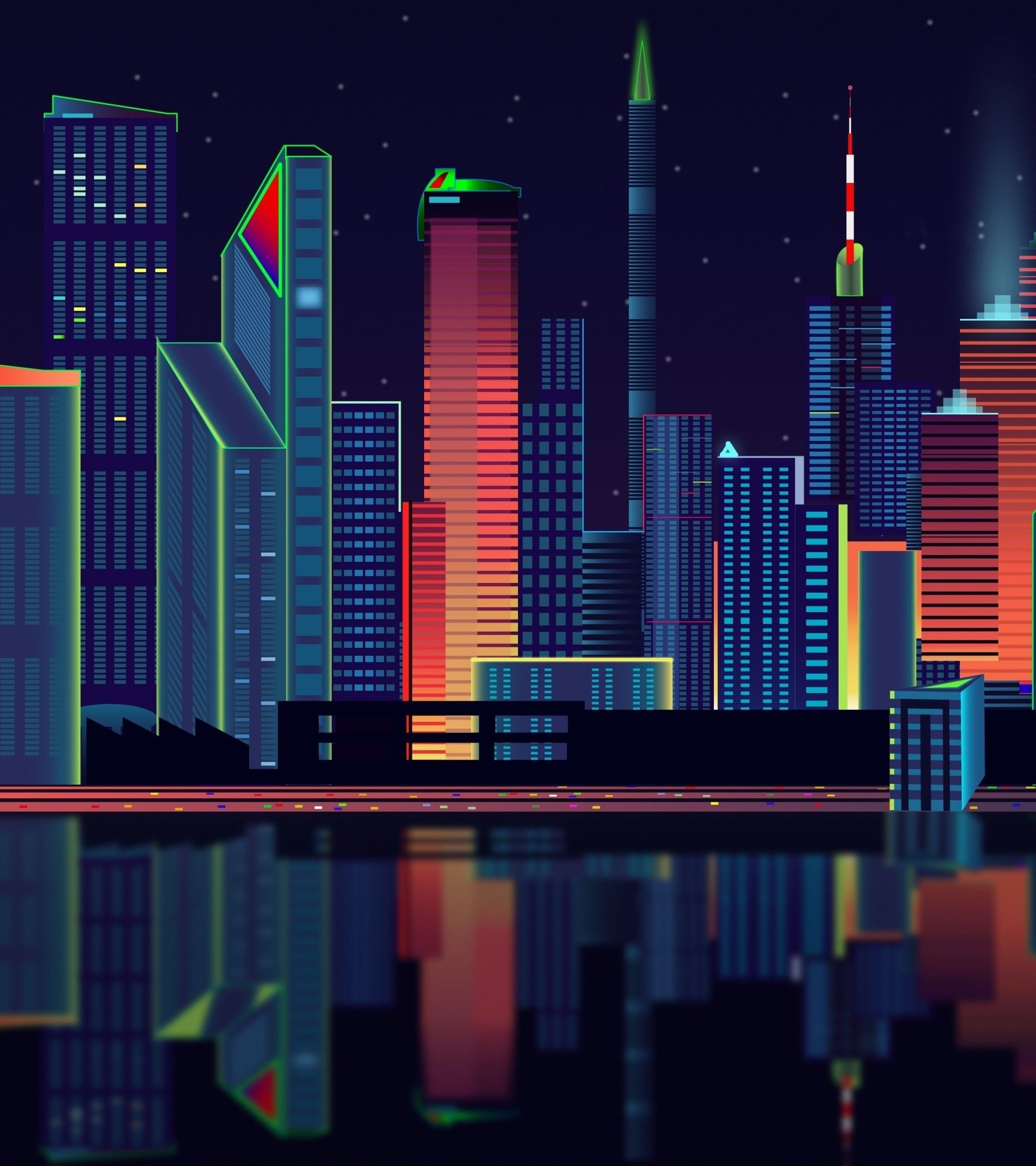 1920x2160 Download  City Vector, Panorama, Reflection Wallpaper, Phone