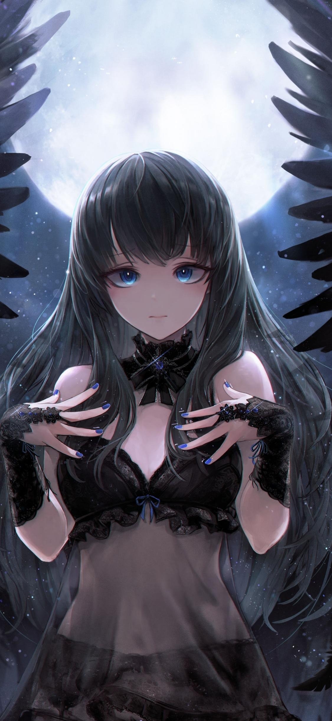 1130x2440 Download  wallpaper black angel, cute, anime girl, Phone