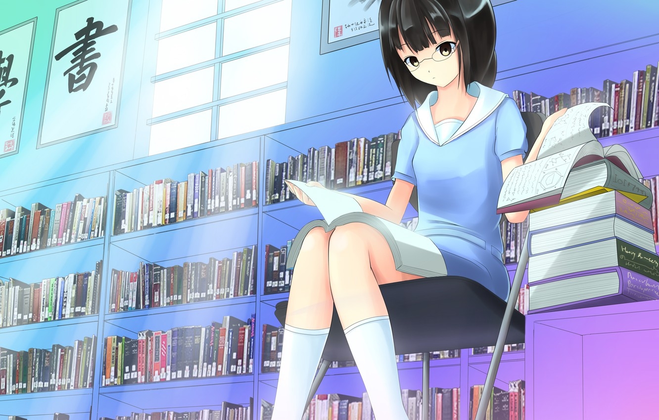 1340x850 Wallpaper look, girl, books, glasses, library, art, reading, brian05710 image for desktop, section прочее, Desktop