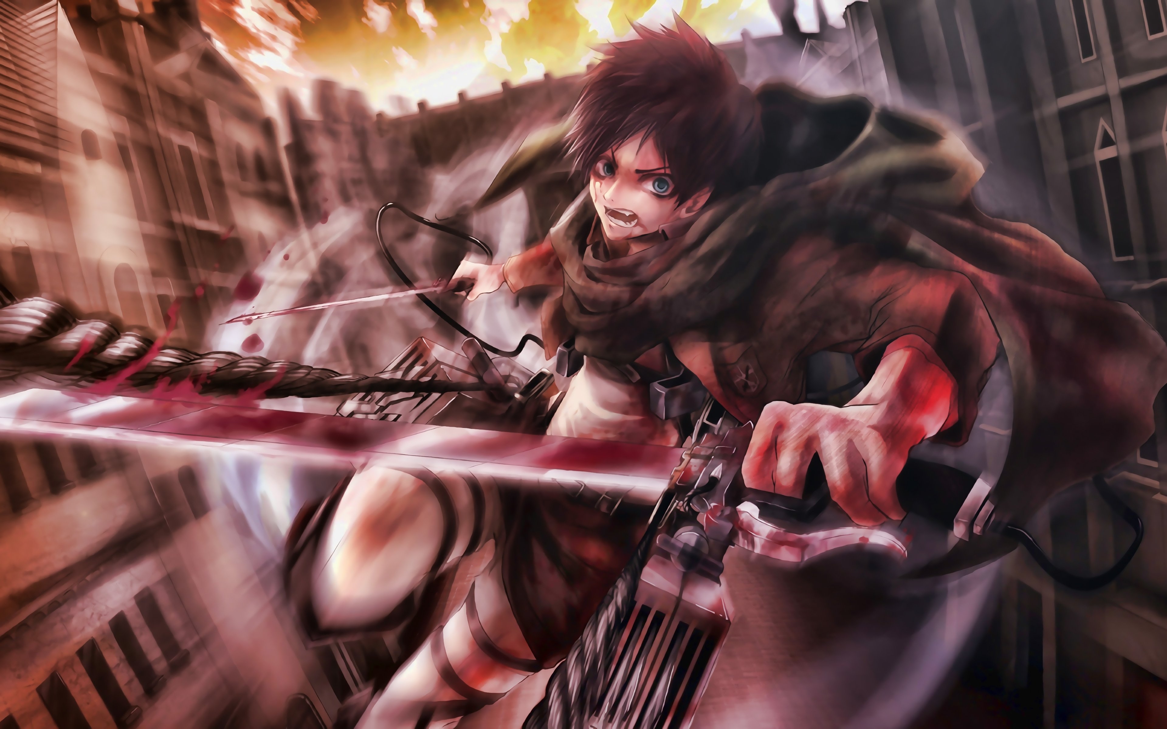 3840x2400 Download wallpaper 4k, Eren Yeager, battle, Attack on Titan, sword, manga, Shingeki No Kyojin, green eyes, Attack on Titan characters, Eren Yeager 4K for desktop with resolution. High Quality HD picture, Desktop