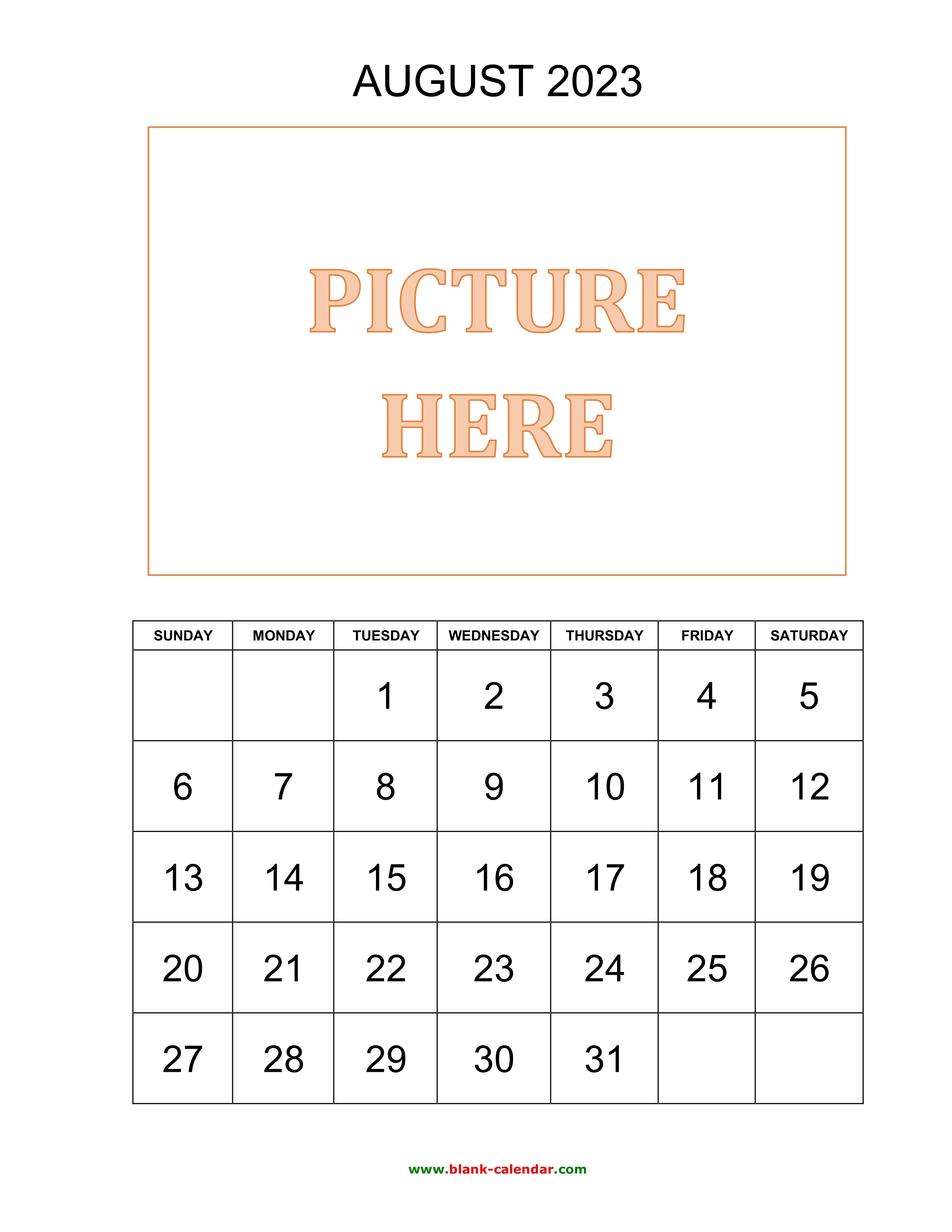 2550x3300 Free Download Printable August 2023 Calendar, picture can be placed, Phone