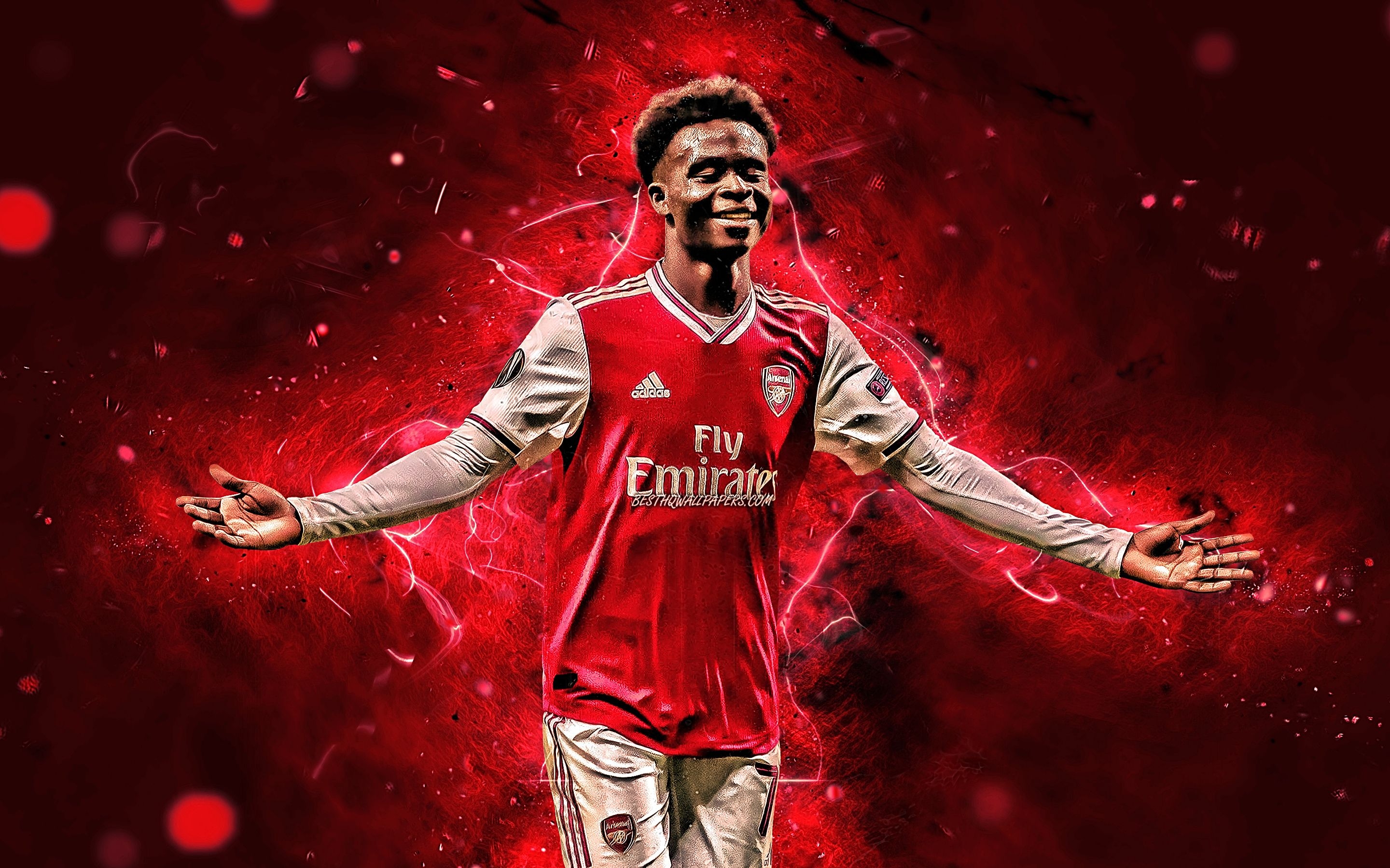 2880x1800 Download wallpaper Bukayo Saka, English footballers, Arsenal FC, neon lights, Saka, soccer, Premier League, football, The Gunners for desktop with resolution. High Quality HD picture wallpaper, Desktop