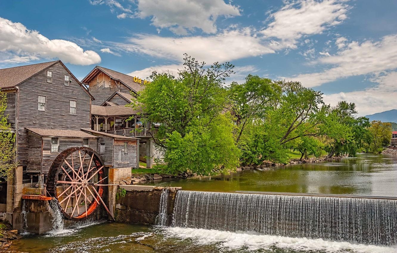 1340x850 Wallpaper the sky, trees, house, river, wheel, water mill, Desktop