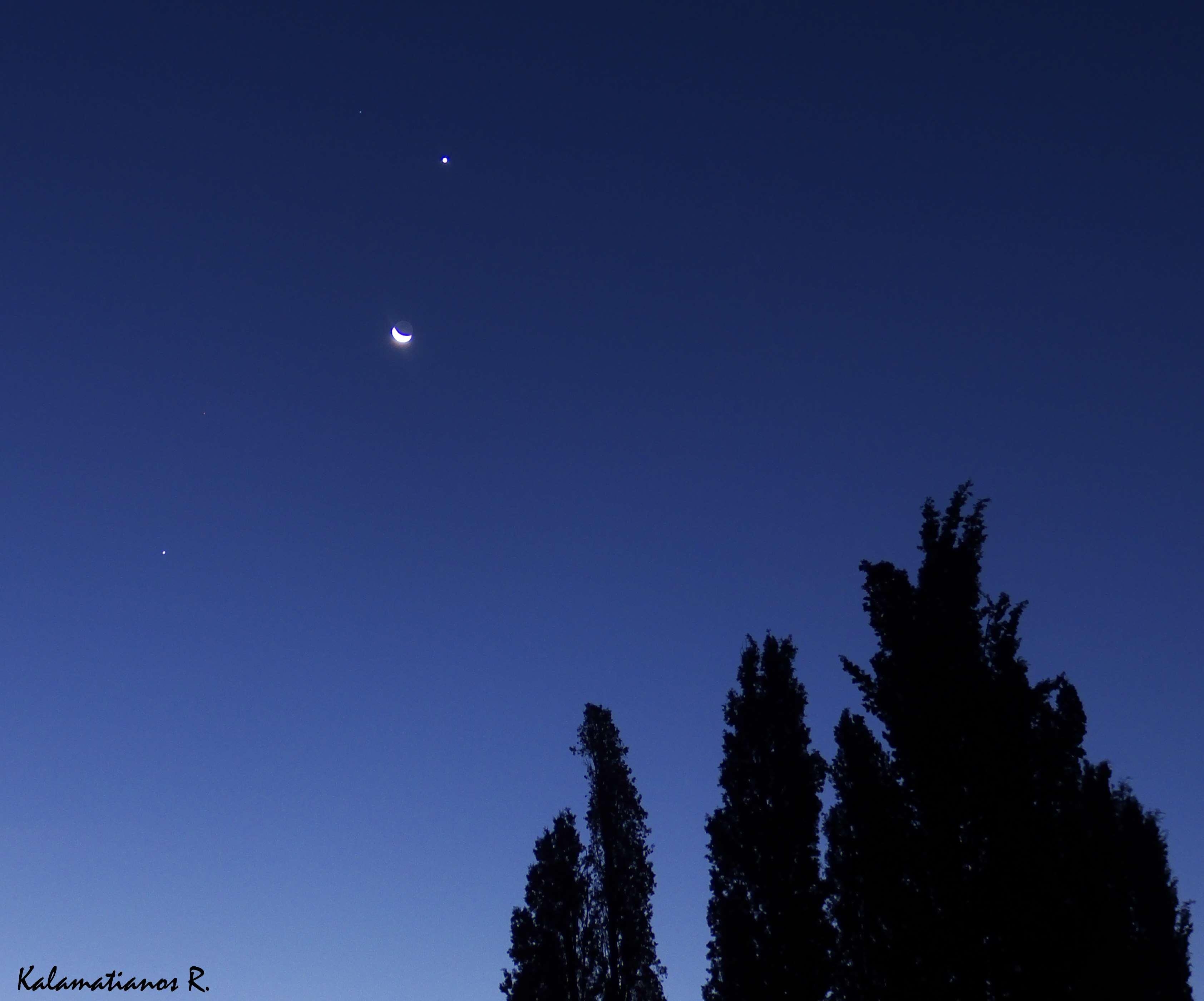 3370x2800 crescent moon, jupiter, mars, moon, silhouette, sky, star, stars, Desktop