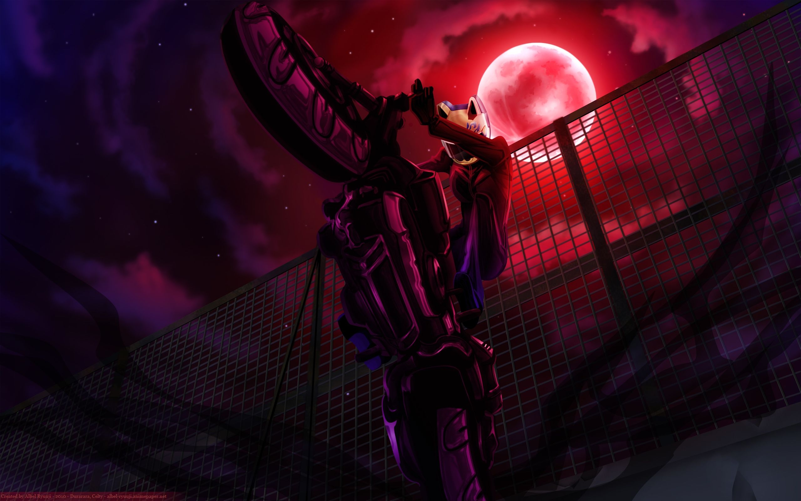 2560x1600 bike, night, fences, Moon, helmet, jumping, anime girls, Sturluson Celty wallpaper, Desktop