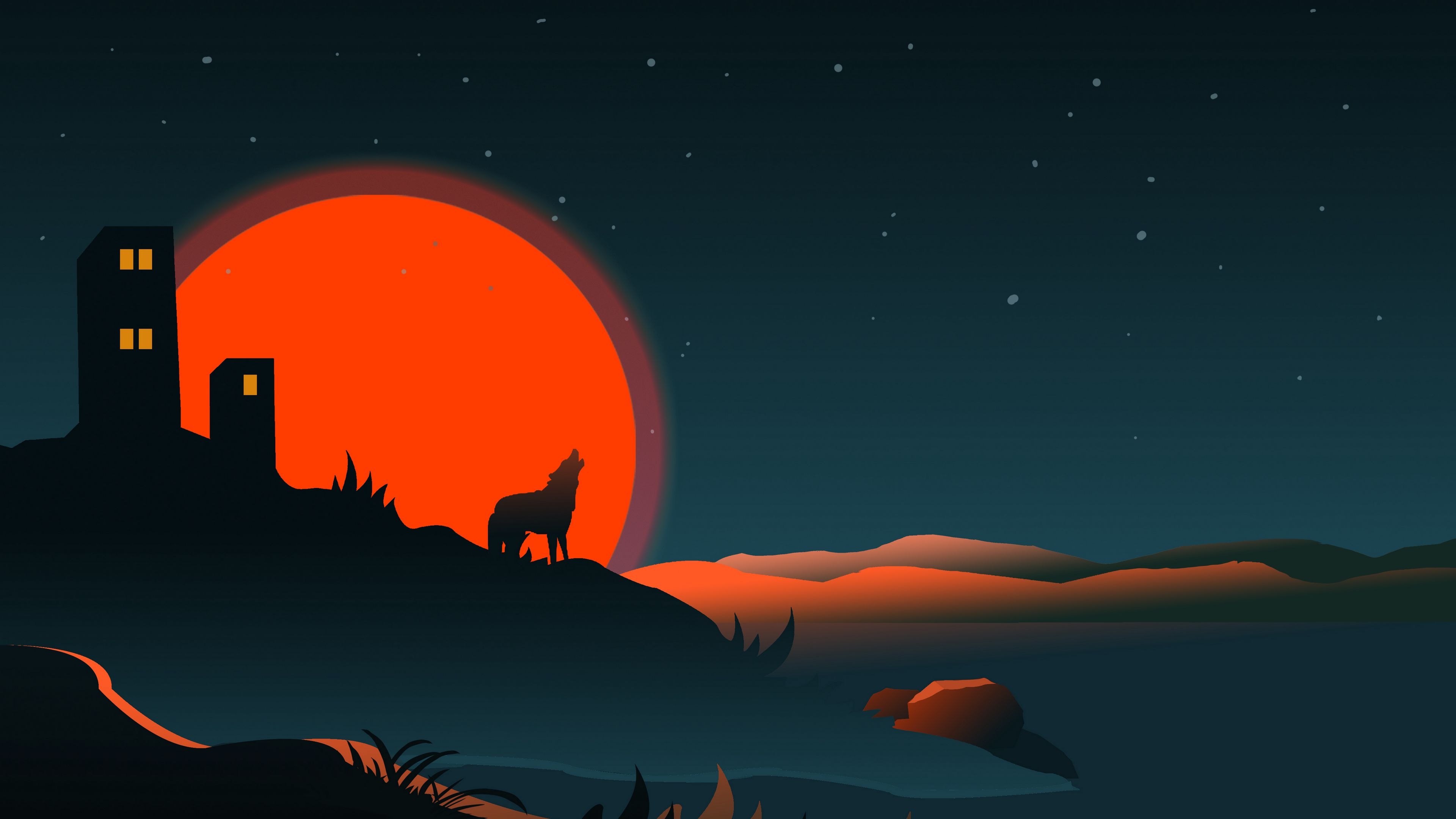 3840x2160 Download wallpaper  wolf, silhouette, building, sun, vector, art 4k uhd 16:9 HD background, Desktop