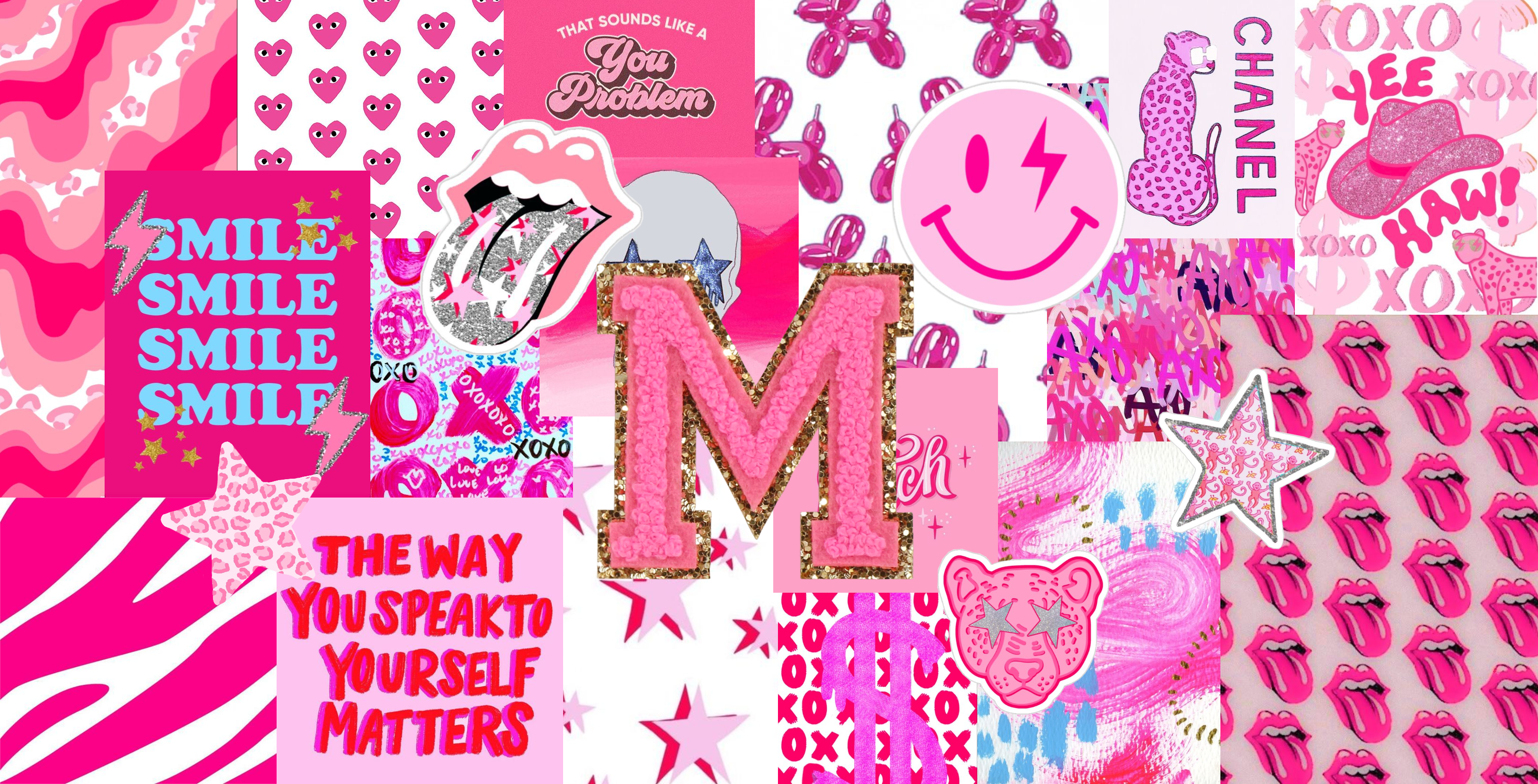 3270x1670 Preppy Letter M Desktop Background- Hot Pink. Preppy wallpaper, Pink wallpaper laptop, Cute summer wallpaper, Desktop
