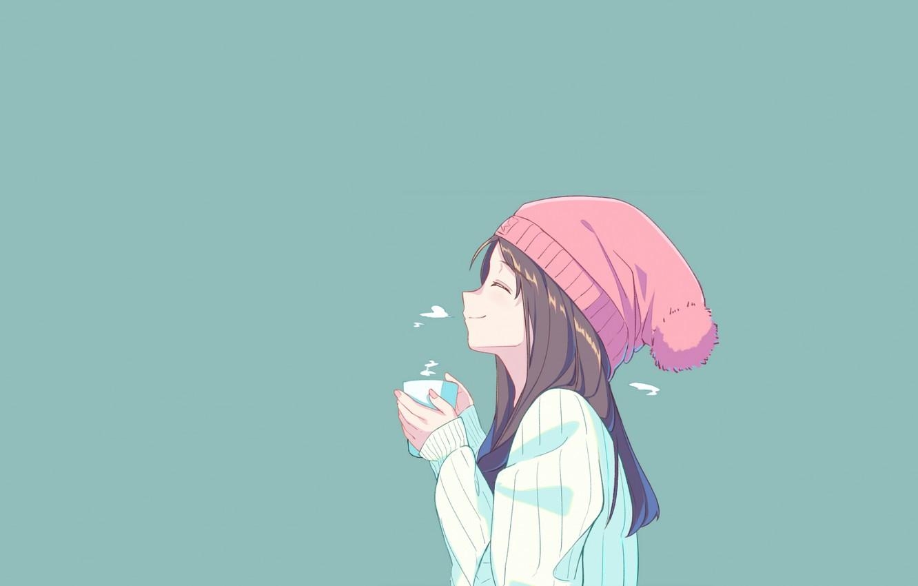 1340x850 Photo Wallpaper Girl, Hot, Anime, Green, Smile, Coffee, Desktop