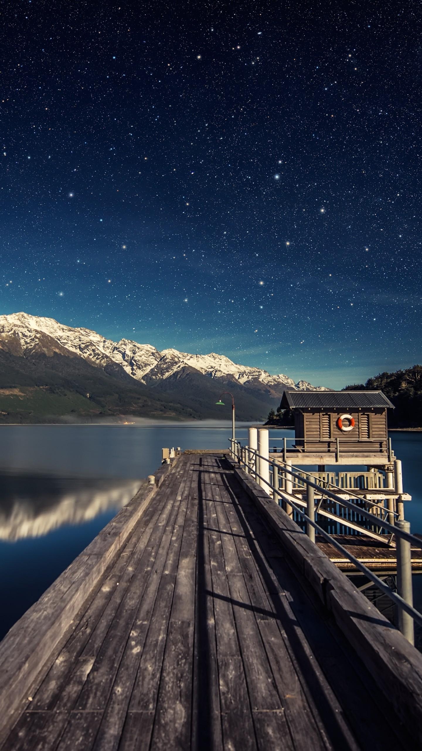 1440x2560 Wallpaper night sky, 5k, 4k wallpaper, stars, mountains, bridge, New Zealand, OS, Phone