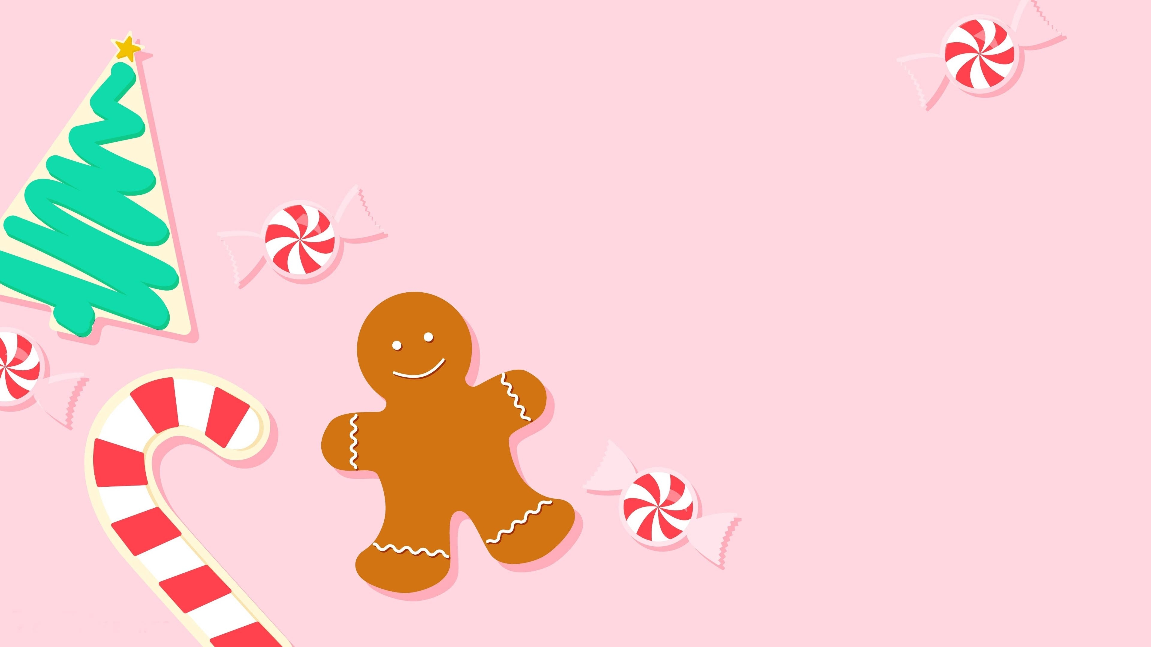 3840x2160 Download Gingerbread On Pink Christmas Aesthetic Wallpaper, Desktop