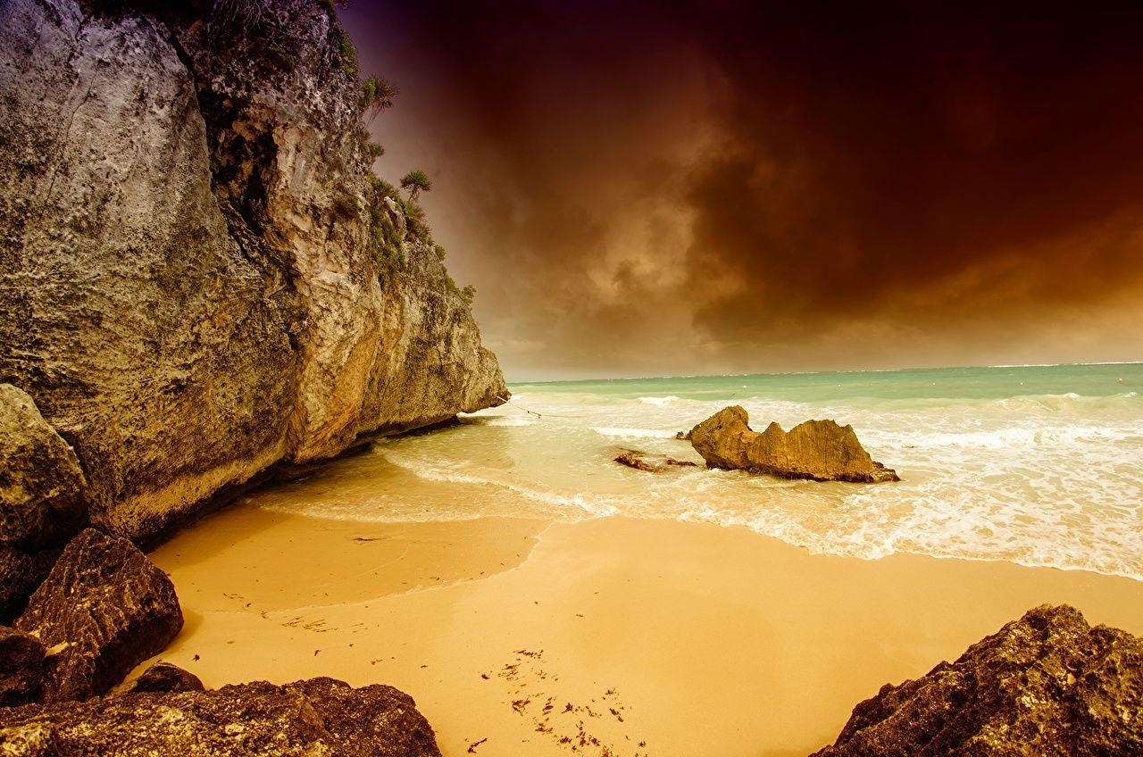 1280x850 Picture Mexico Tulum Coast Cliff Nature Waves, Desktop