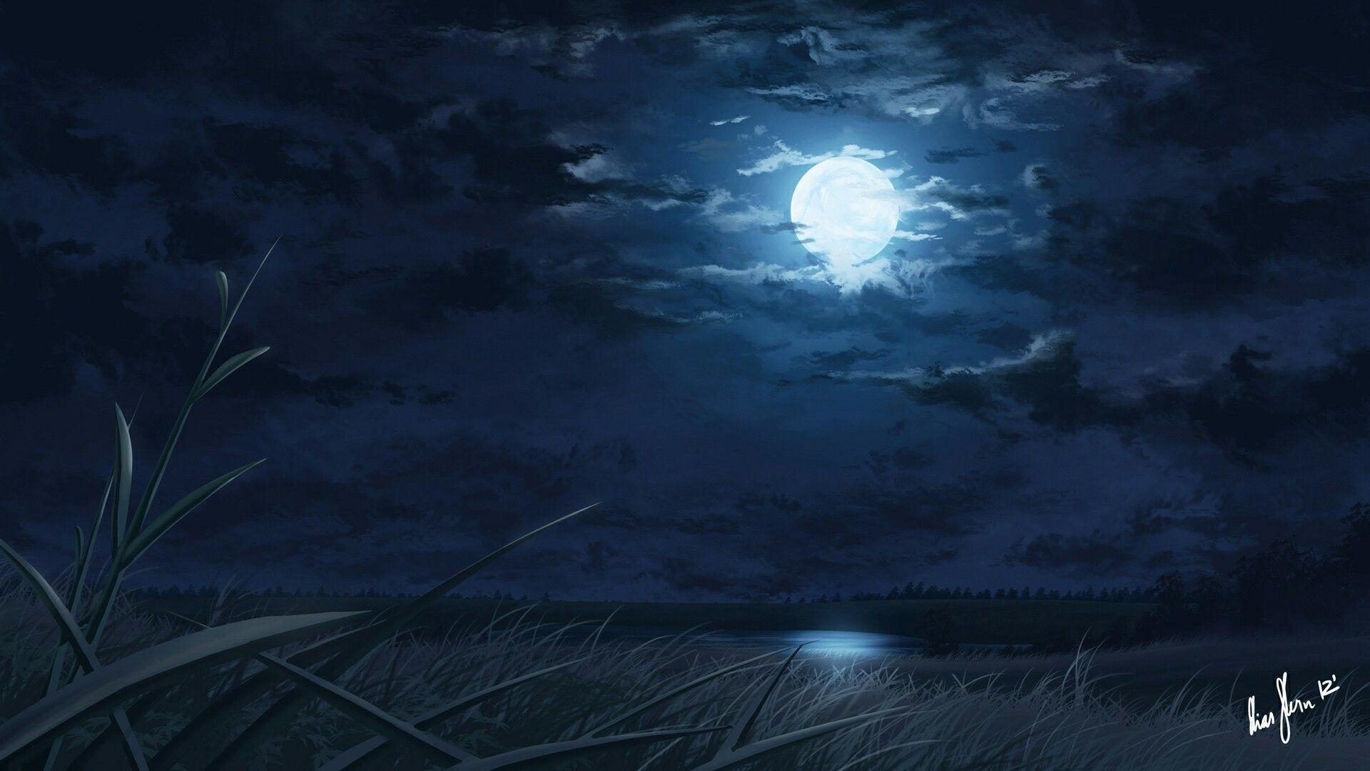 1920x1080 Full Moon, sea, clouds, grass. Moon painting, Moon sea, Desktop