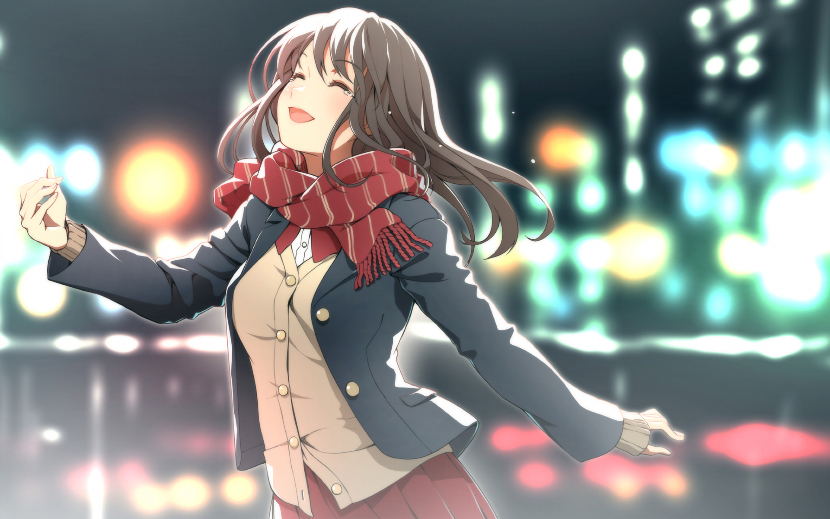 2880x1800 Download  Anime Girl, Happy Tears, Scarf, Bokeh, Lights, Desktop