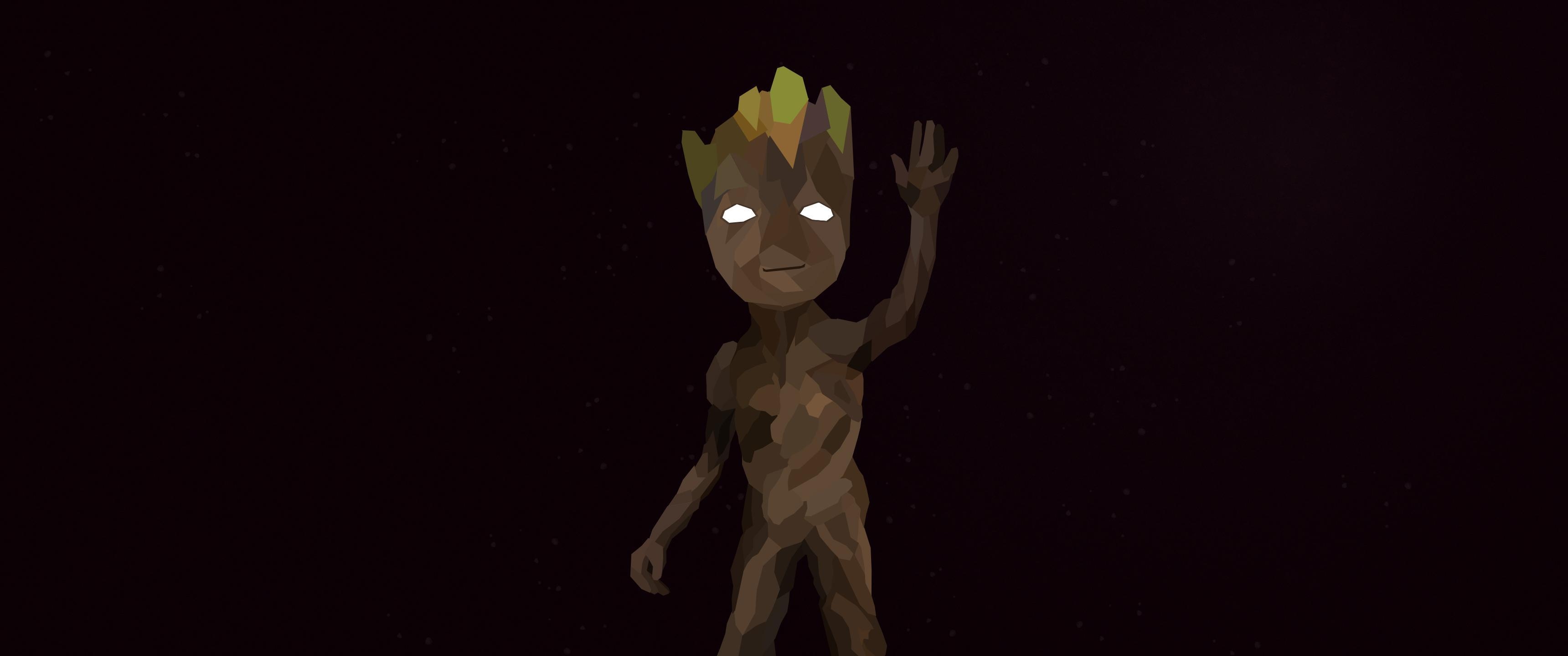 3440x1440 Polygonal Baby Groot Wallpaper, Dual Screen