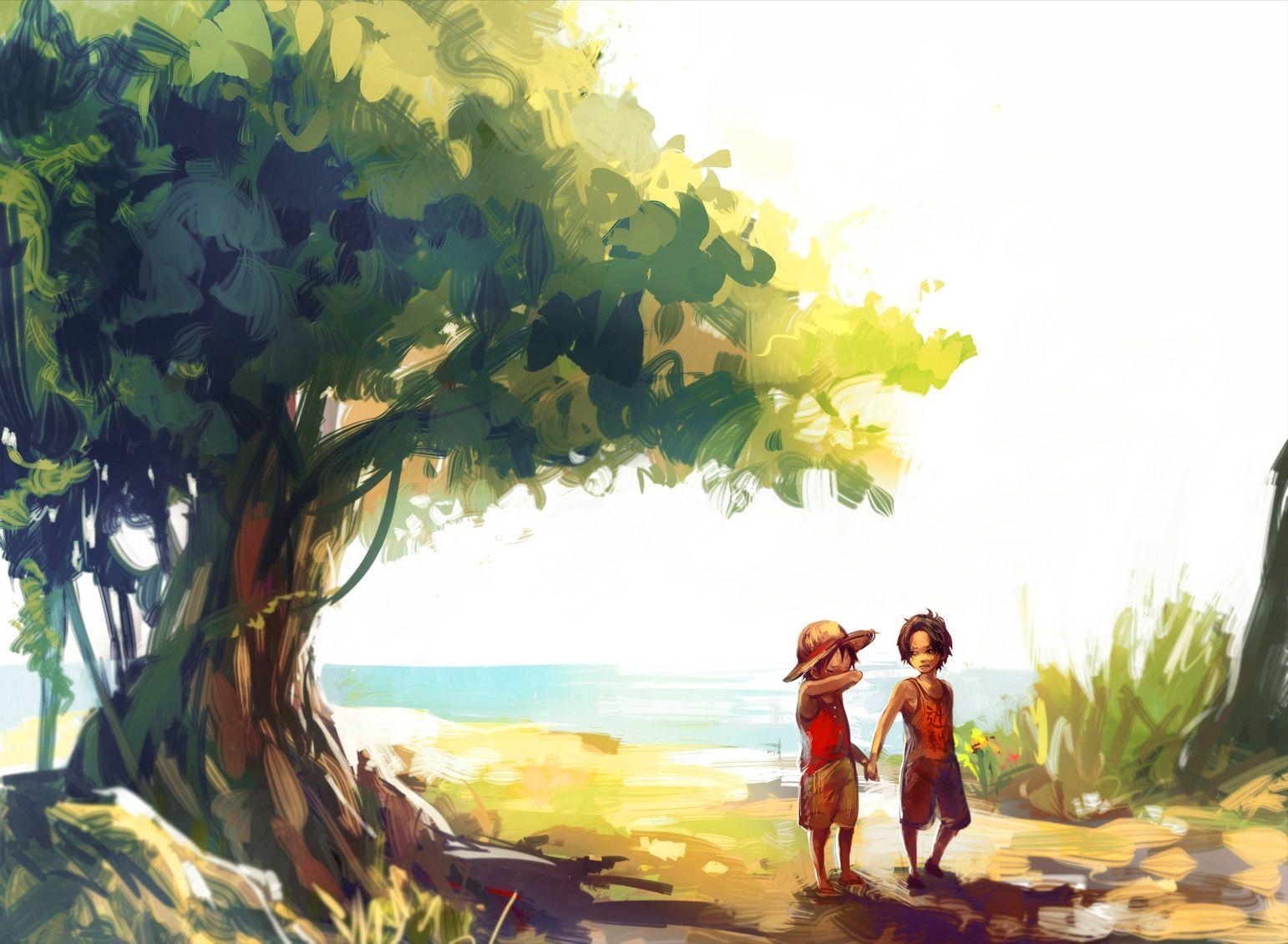 1550x1130 One piece crying male monkey d luffy portgas d ace tree tsuyomaru, Desktop