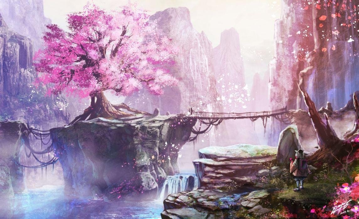 1150x700 Anime Landscape Cherry Blossom Bridge Waterfall Anime Girl Nature, Desktop