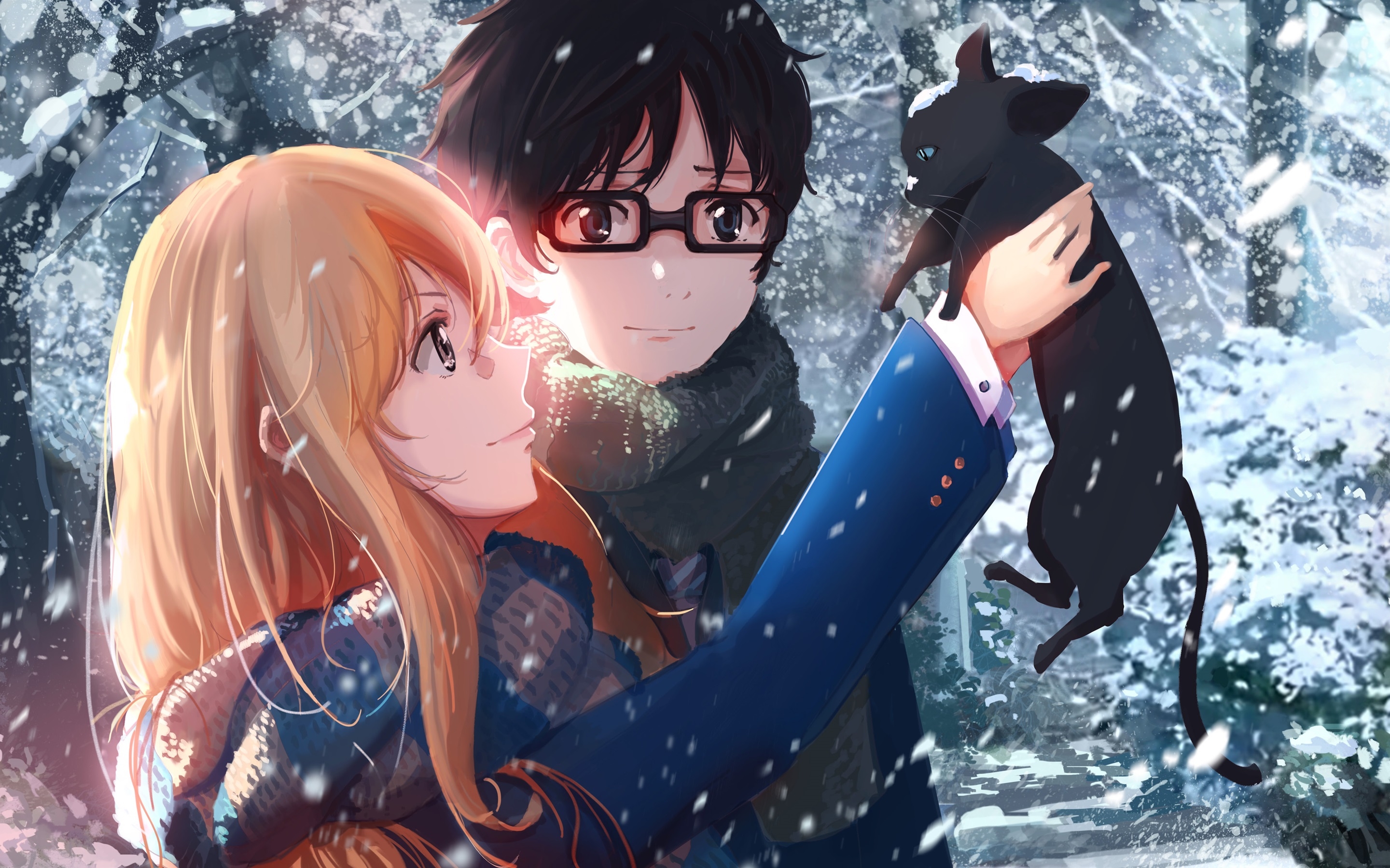 2880x1800 Wallpaper Anime girl and boy in winter, cat, snow 3840x2160 UHD 4K, Desktop