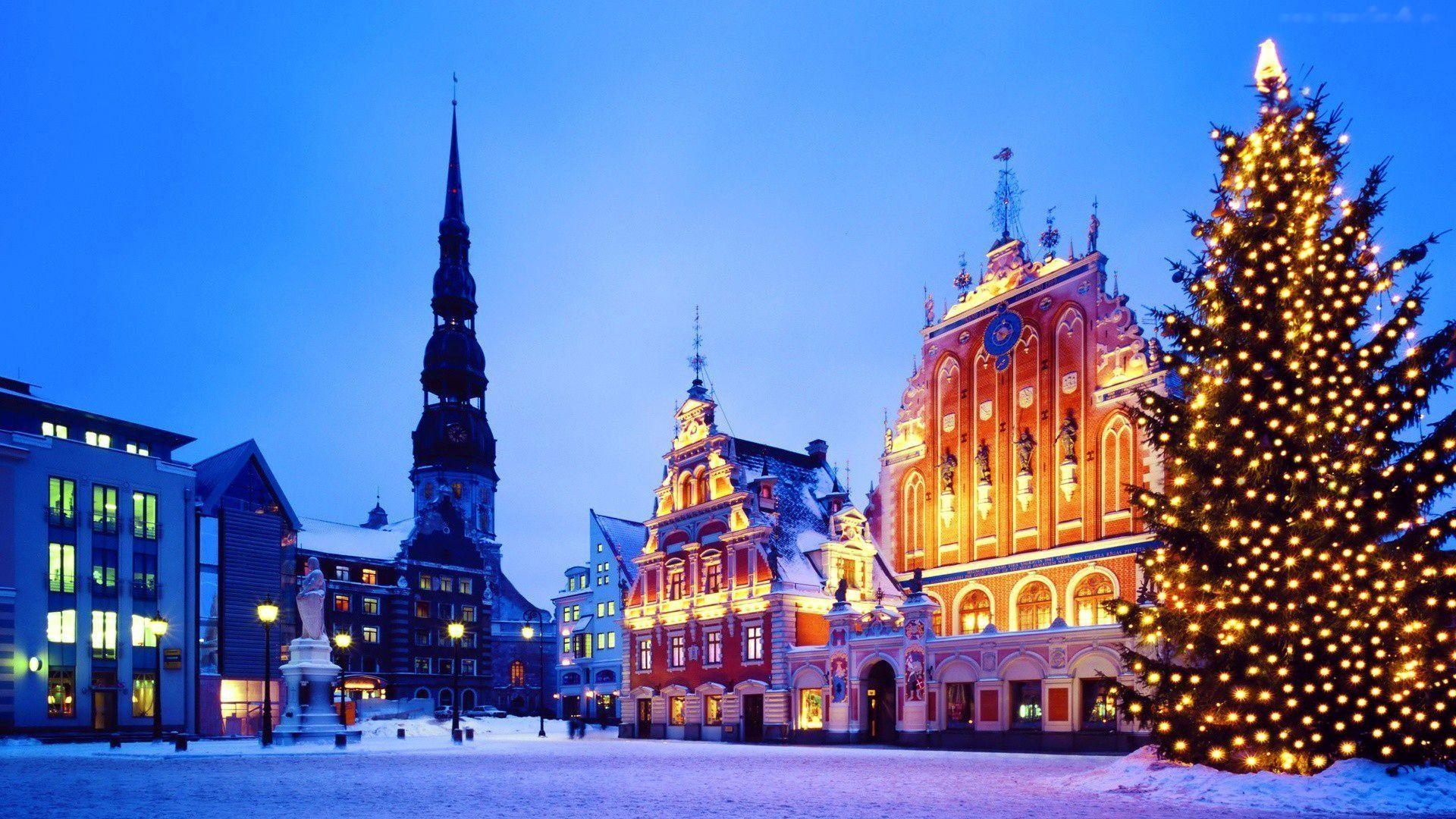 1920x1080 Riga Latvia buildings houses church bell tower square tree tree, Desktop