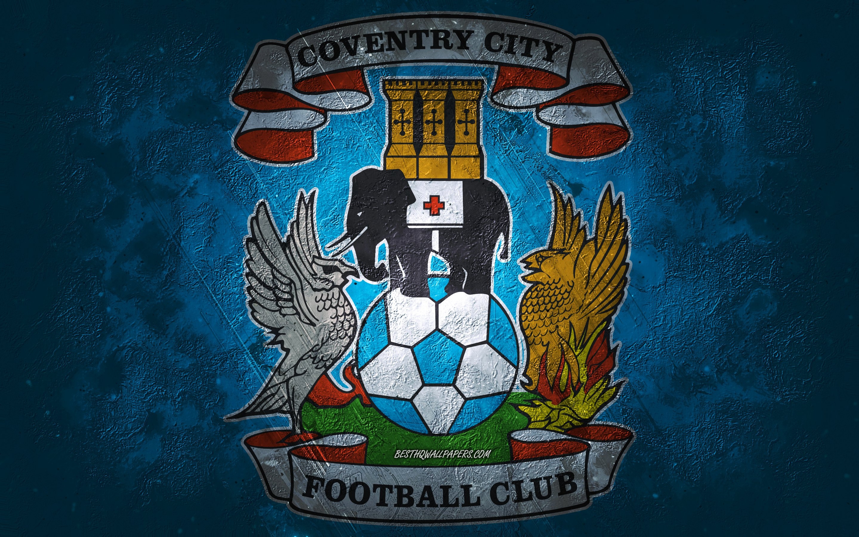 2880x1800 Download wallpaper Coventry City FC, English football team, blue background, Coventry City FC logo, grunge art, EFL Championship, Coventry, football, England, Coventry City FC emblem for desktop with resolution. High Quality, Desktop