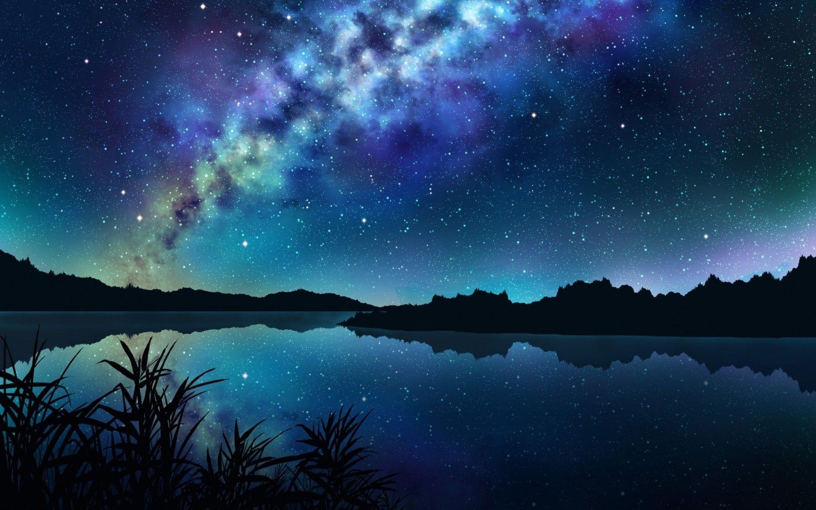 1680x1050 Download  Anime Landscape, River, Night, Stars, Reflection, Desktop