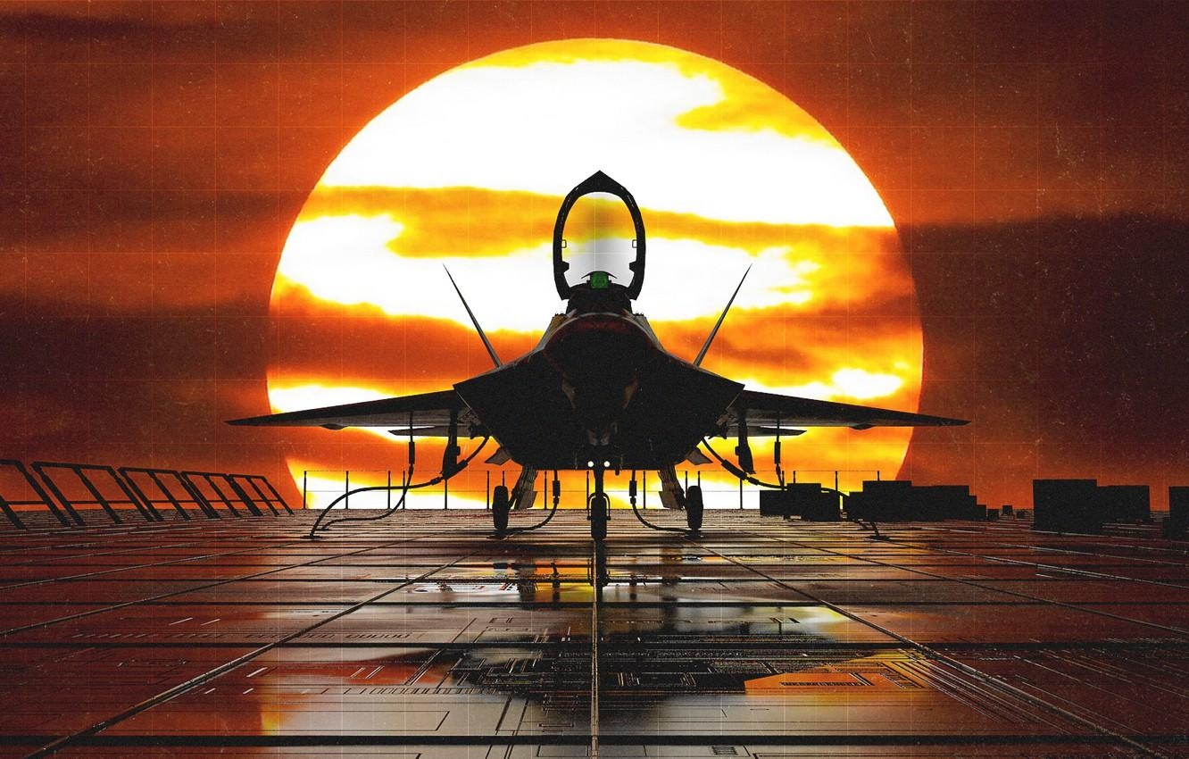 1340x850 Wallpaper Sunset, The sun, The plane, Fighter, F- Raptor, Desktop