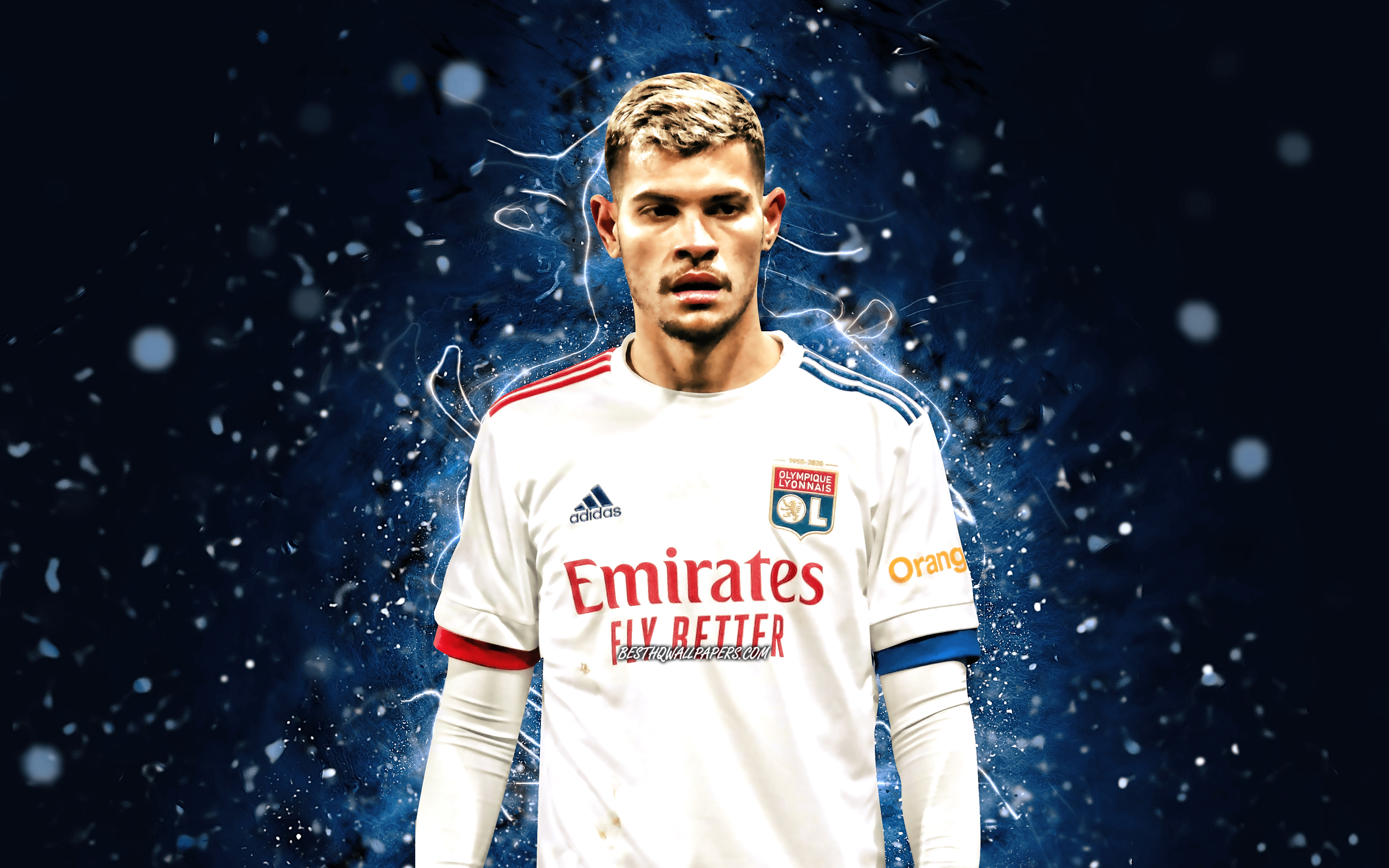 3840x2400 Download wallpaper Bruno Guimaraes, 4k, Olympique Lyon FC, Ligue brazilian footballers, Bruno Guimaraes Rodriguez Moura, blue neon lights, soccer, Bruno Guimaraes 4K for desktop with resolution. High Quality HD picture, Desktop