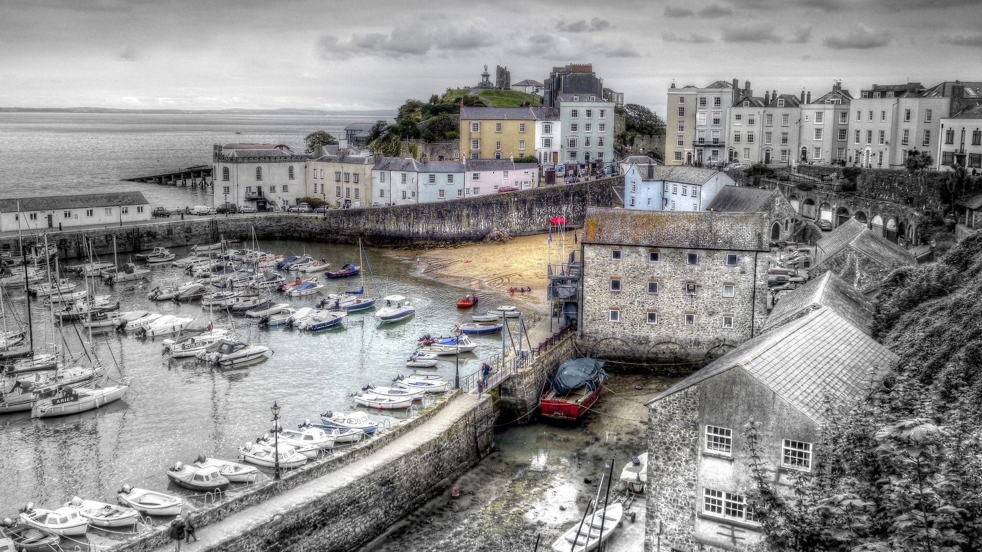 1920x1080 Other: Lovely Tenby Harbour Wales Gray United Kingdom City Seaside, Desktop