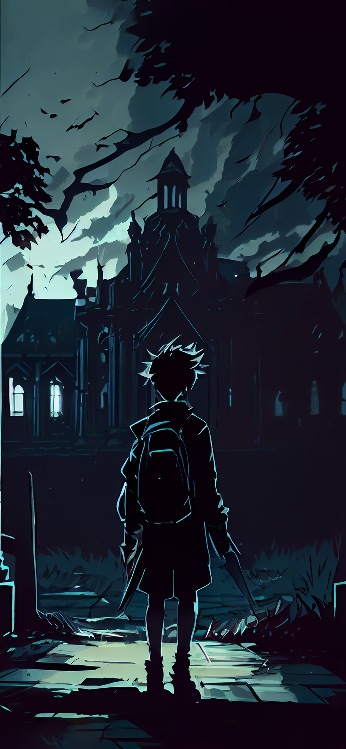 1190x2560 Boy & House Anime Dark Aesthetic, Phone