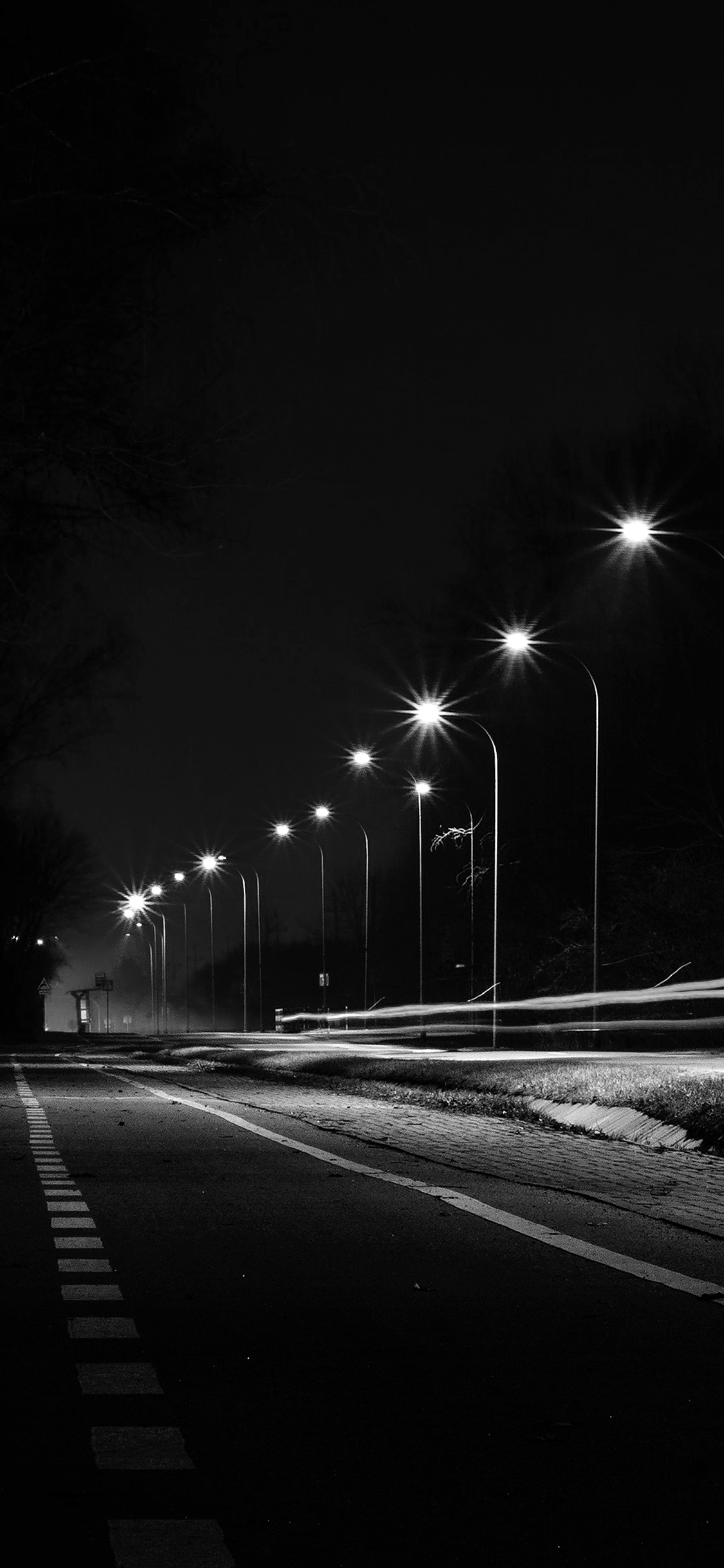 1130x2440 Street Lights Dark Night Car City Bw Wallpaper, Phone