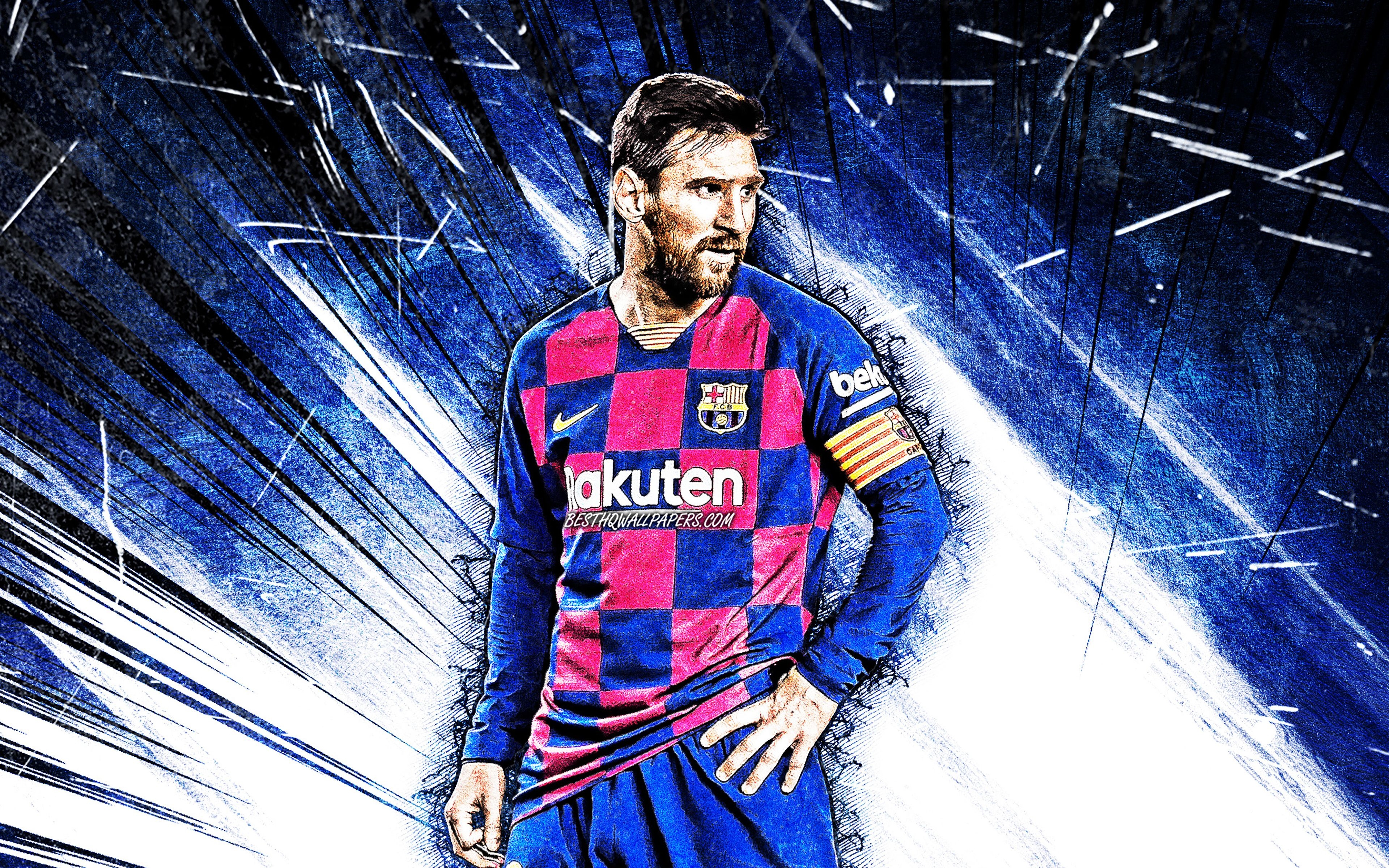 3840x2400 Download wallpaper Lionel Messi, grunge art, Barcelona FC, Desktop