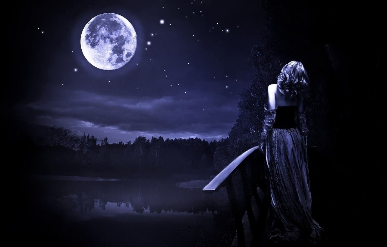 1340x850 Wallpaper forest, the sky, stars, night, bridge, the moon, Girl, pond image for desktop, section девушки, Desktop