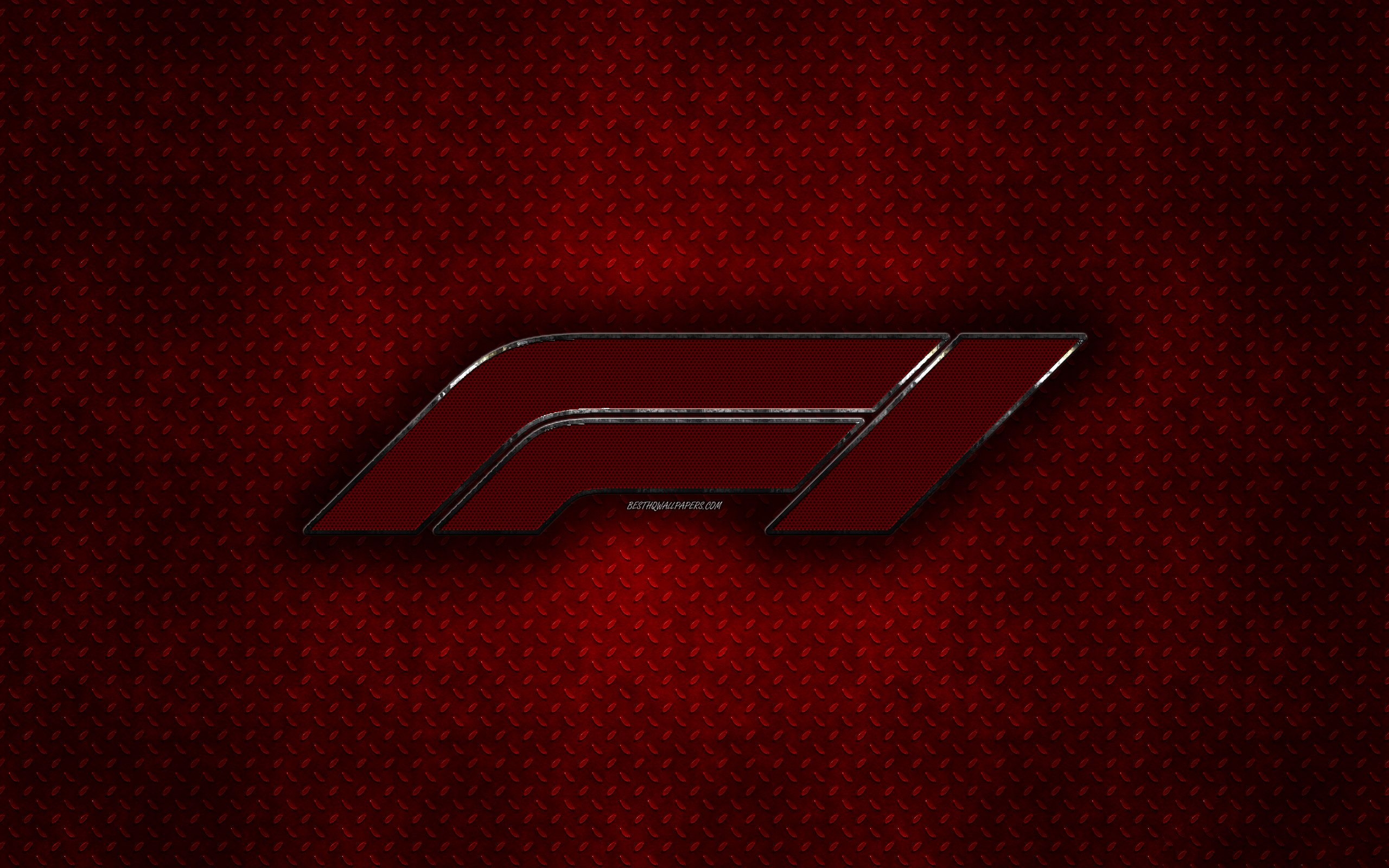 2560x1600 Download wallpaper Formula new logo, red metal texture, F1 metal red emblem, creative art for desktop with resolution. High Quality HD picture wallpaper, Desktop