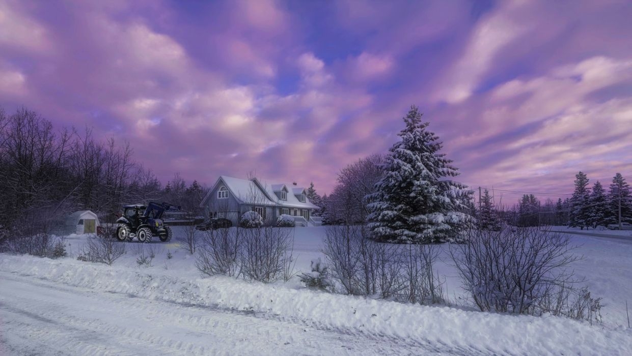 1250x700 Cloud Country Farm House Purple Sky Snow Sunset Tractor Winter wallpaperx1155, Desktop