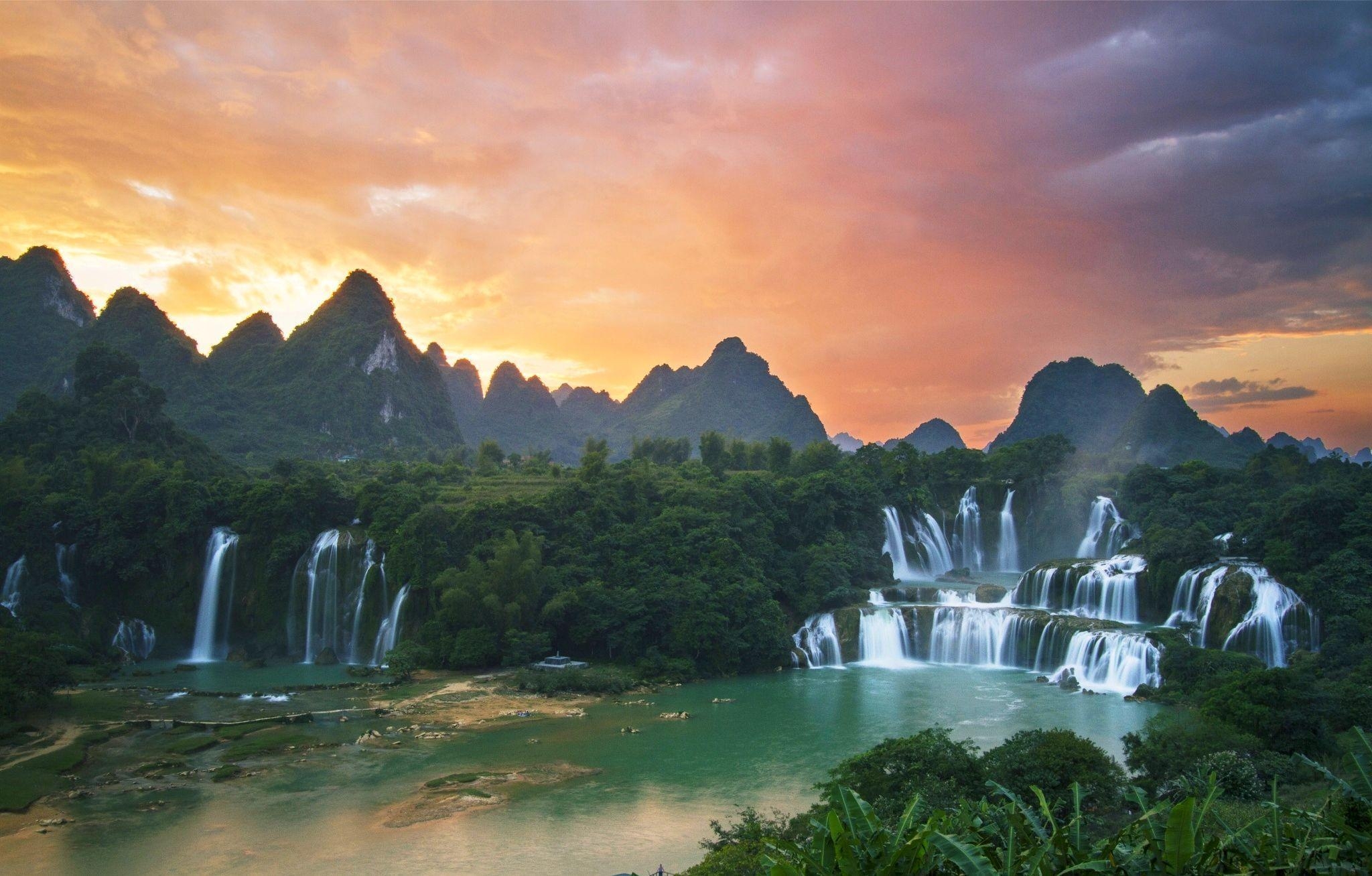 2050x1310 forest, clouds, China, beautiful, pond, sunrise, river, sky, Desktop