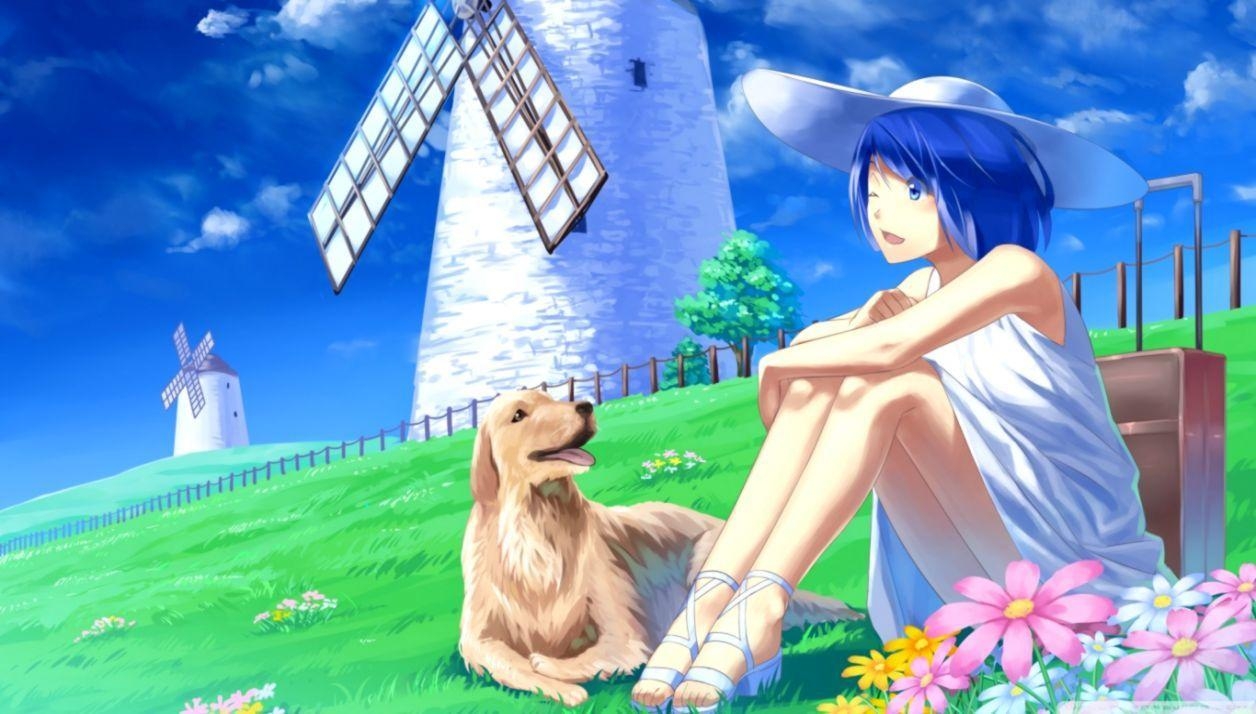 1260x720 Anime Girl With Her Pet Dog, Desktop