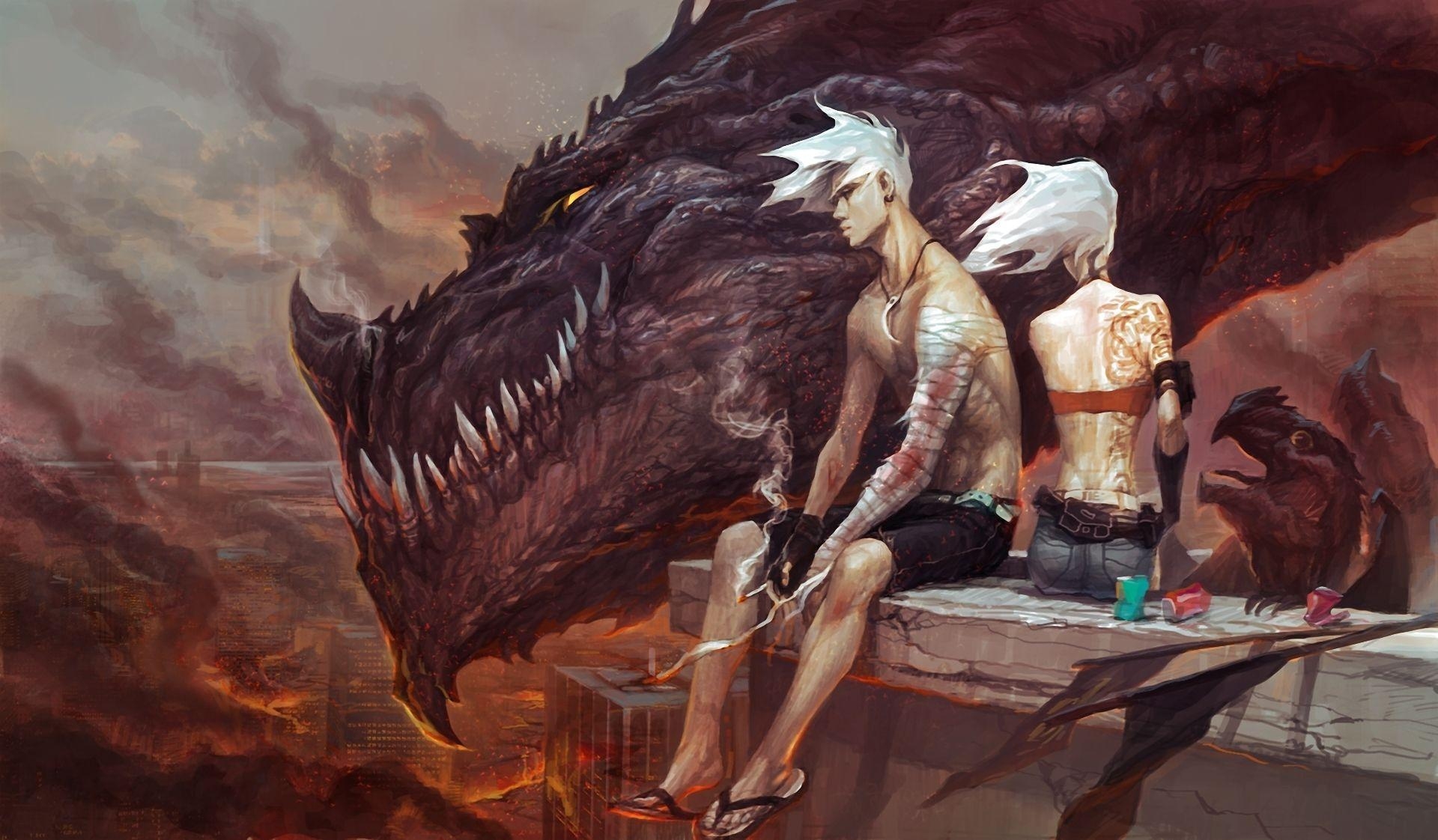 1920x1130 Art dragon baby boy girl sitting cigarette tattoo city fire chaos, Desktop