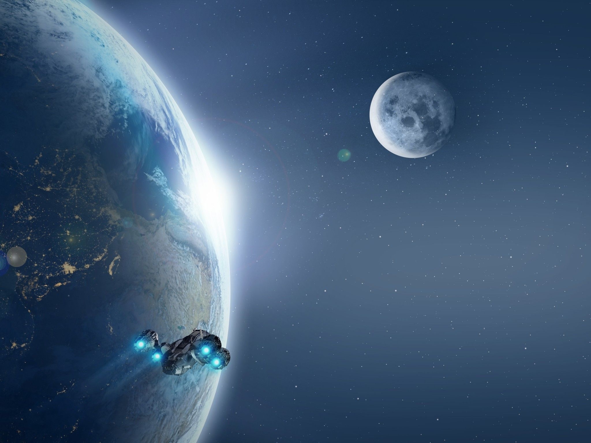 2050x1540 Spaceship 4K Wallpaper, Earth, Moon, Planets, Stars, Blue, 5K, Space, Desktop