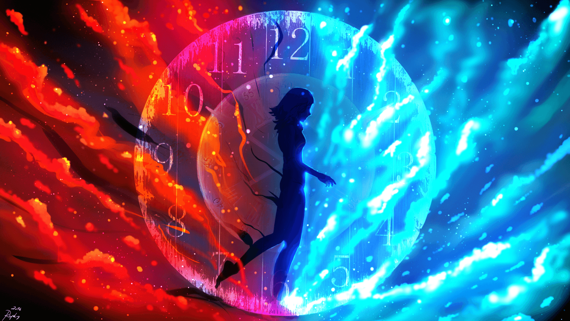 1920x1080 Download  As The Time Passes By, Anime Girl, Clock, Fire, Desktop