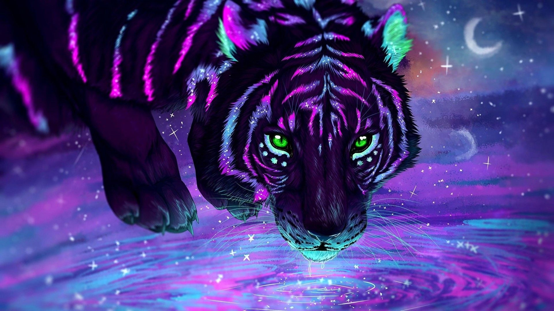 1920x1080 Download  Tiger, Purple, Digital Art, Green Eyes Wallpaper for Widescreen, Desktop