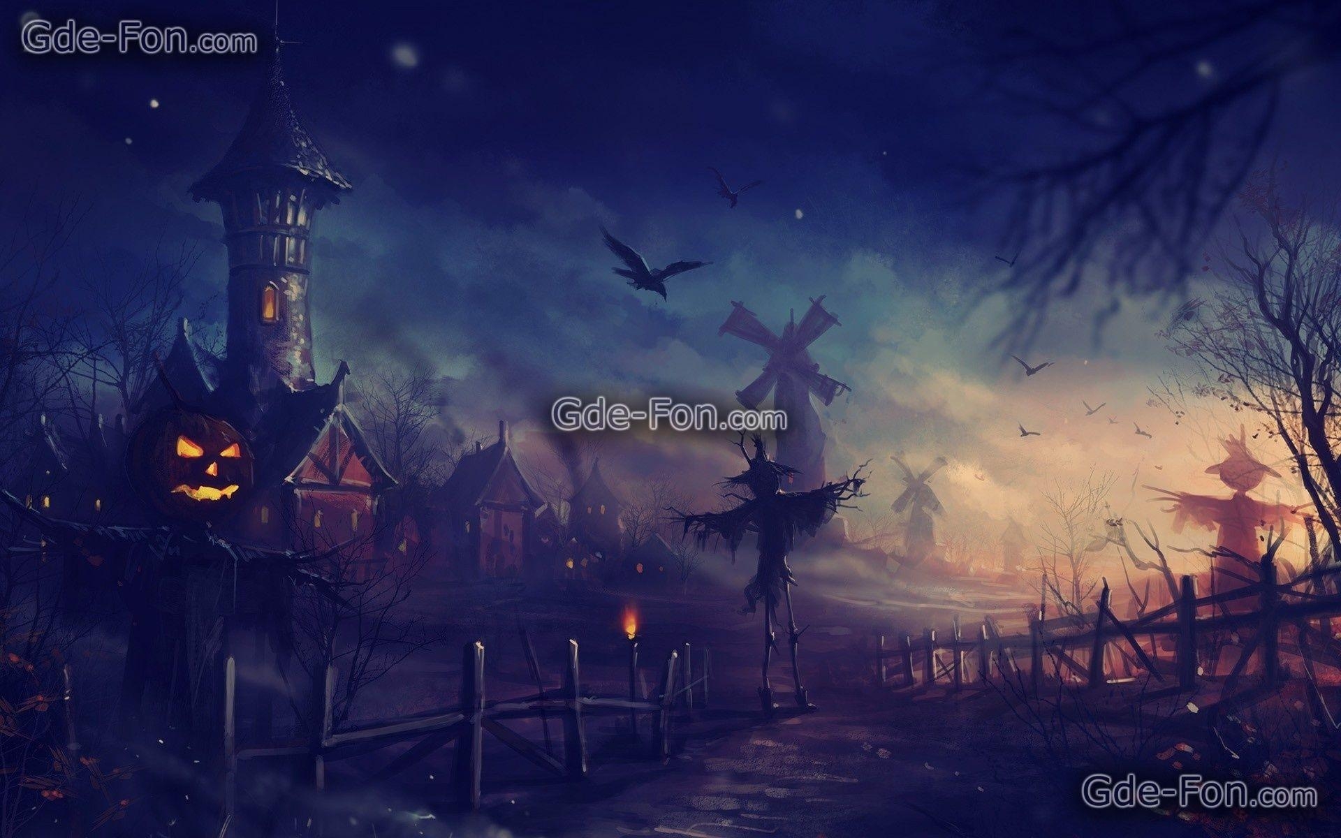 1920x1200 Download wallpaper Art, Halloween, night, scarecrow free desktop, Desktop